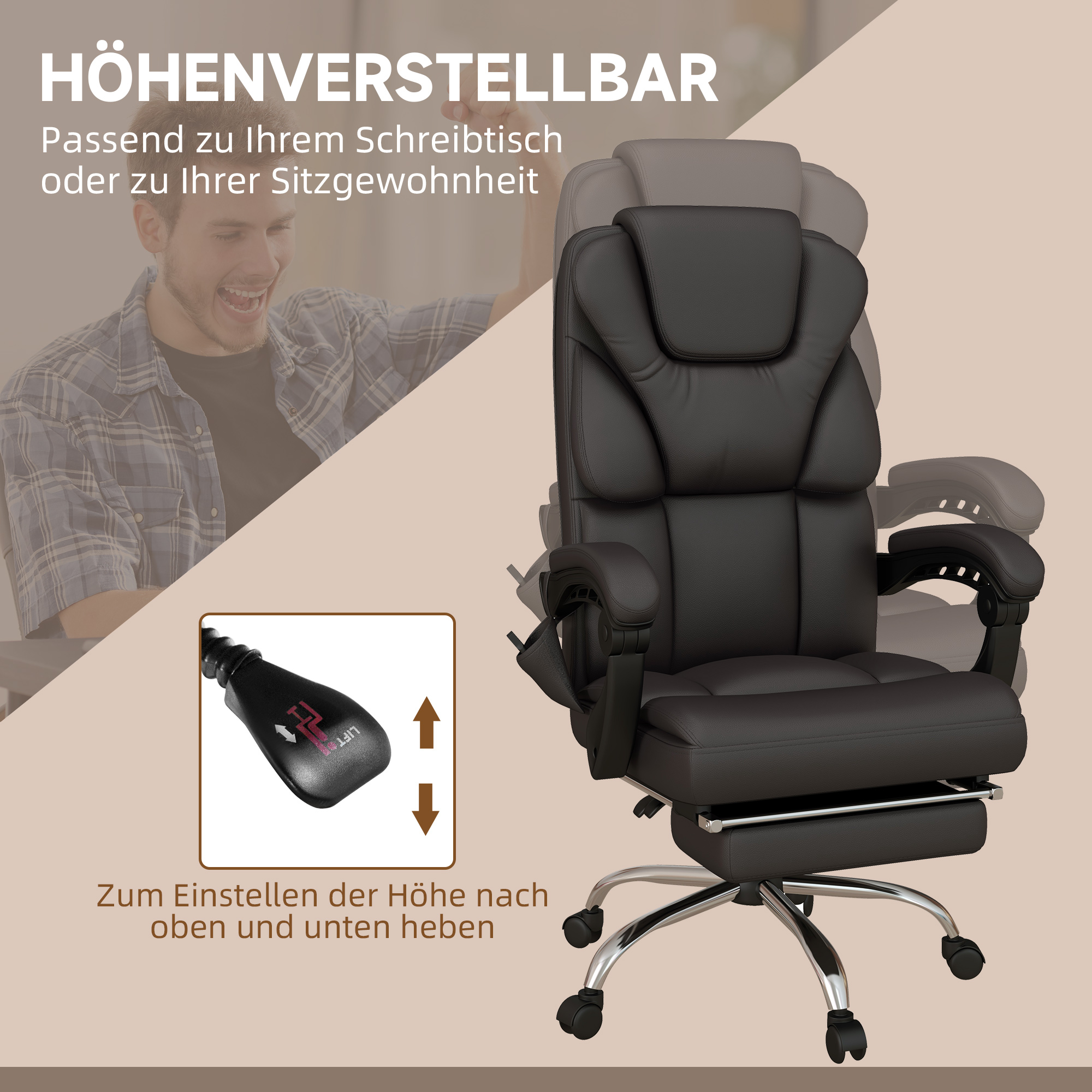 Vinsetto Ergonomische Bureaustoel met Massage en Ligfunctie, 63x57x118, Bruin