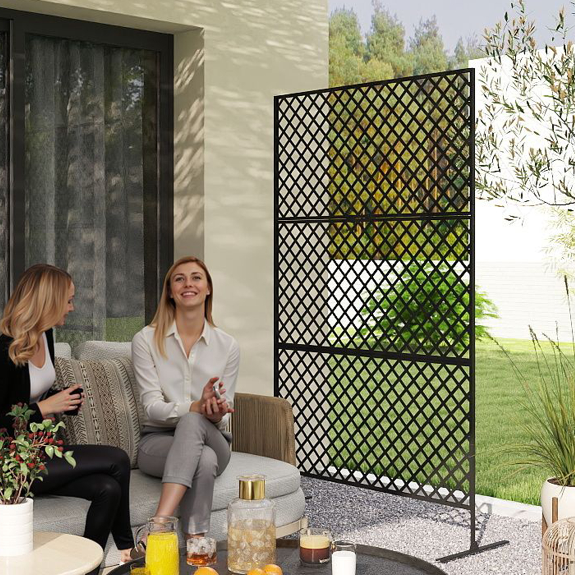 Outsunny Buitenruimteverdeler, Metalen Schermmuur voor Terras, Veranda, Tuin, Vrijstaand Klimrek, Staal, Zwart