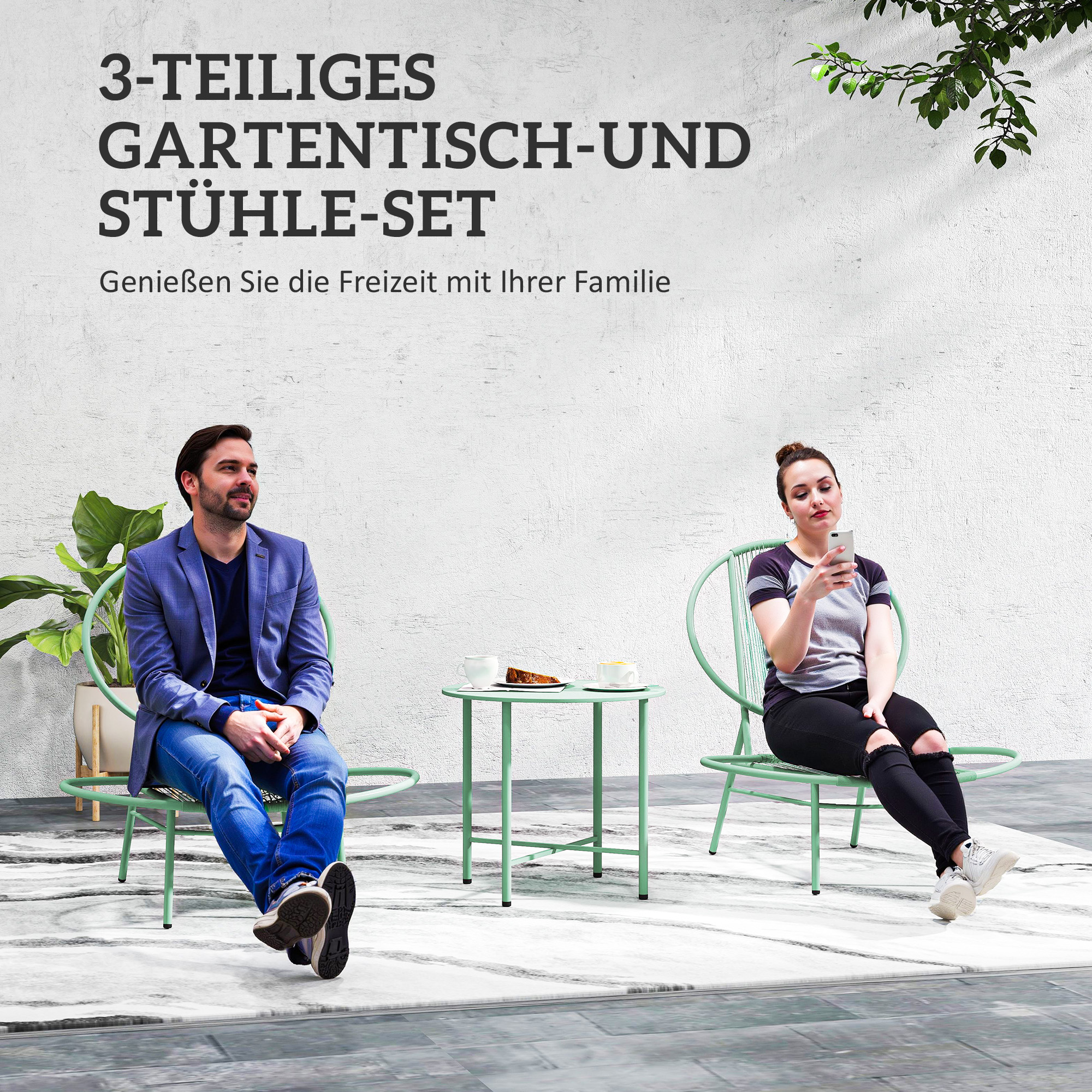 Outsunny 3-Delige Bistroset van Polyrattan - Weerbestendige Tuinmeubelset met Bistrotisch - Schelpvormige Tuinstoelen Groen