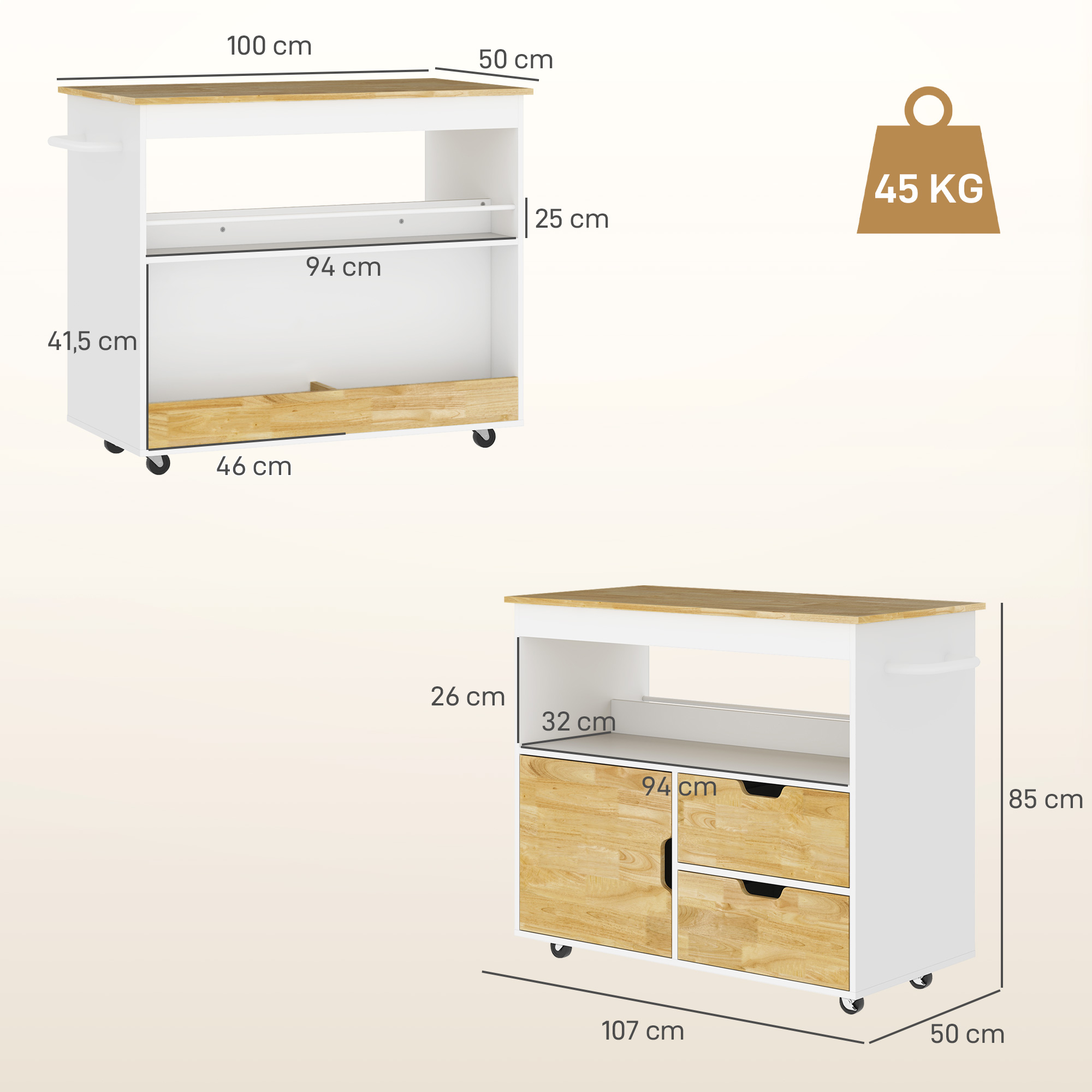 HOMCOM Keukentrolley, Rolbaar Keukeneiland, Keuken-Trolley met Vakken, Kast en Werkblad, Wit