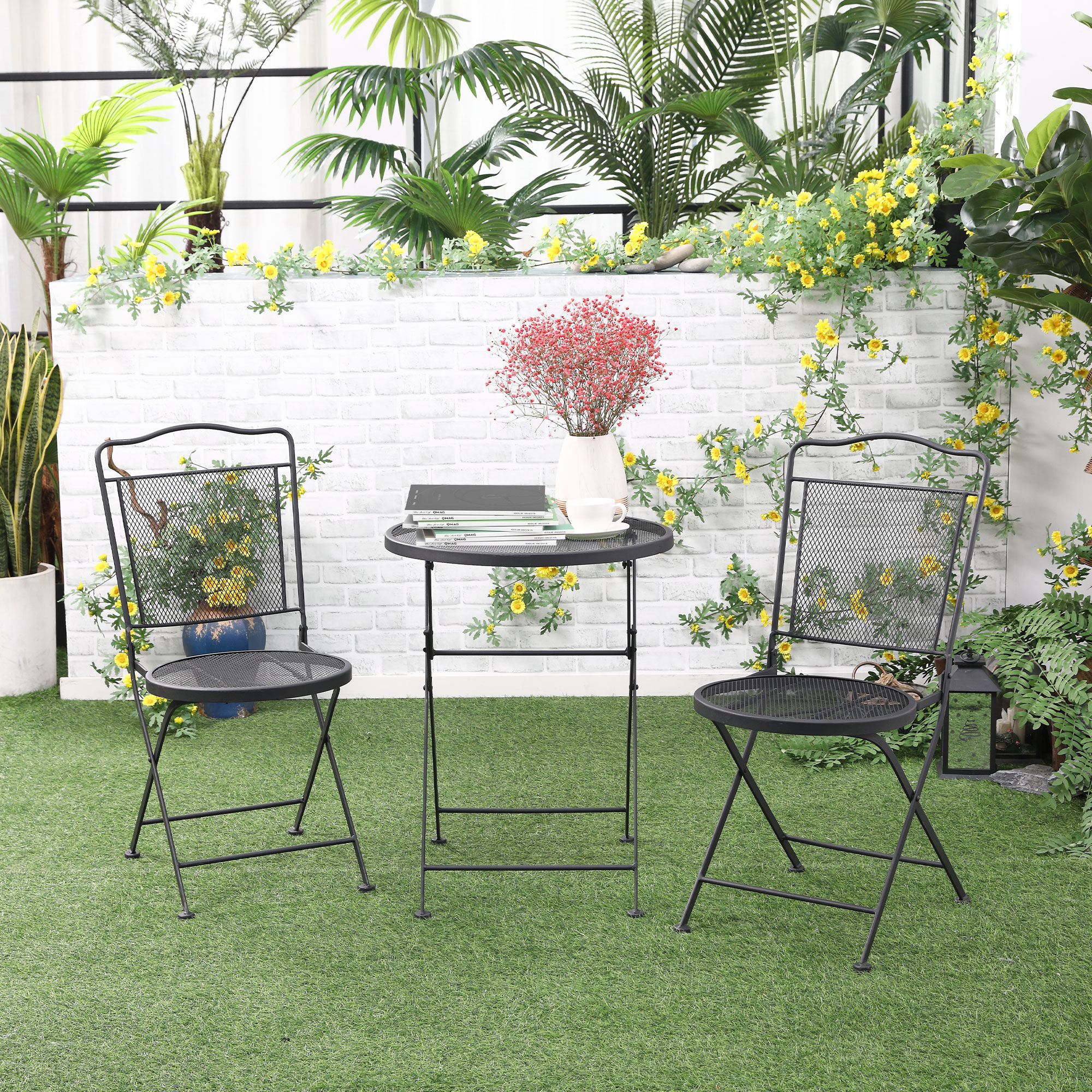 Outsunny zitgroep, 3-delige eetset, bistroset, tuinmeubelset, balkonmeubelset, 1 tafel + 2 stoelen met parasolgat, terras, metaal, zwart