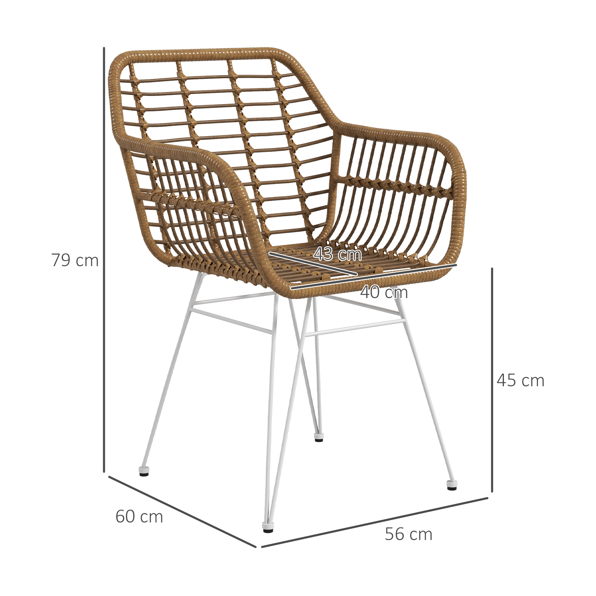 HOMCOM 2-delige set stoelen in Boho-stijl, keukenstoelen, PE-Rattan, 56 x 60 x 79 cm, Natuur + Wit