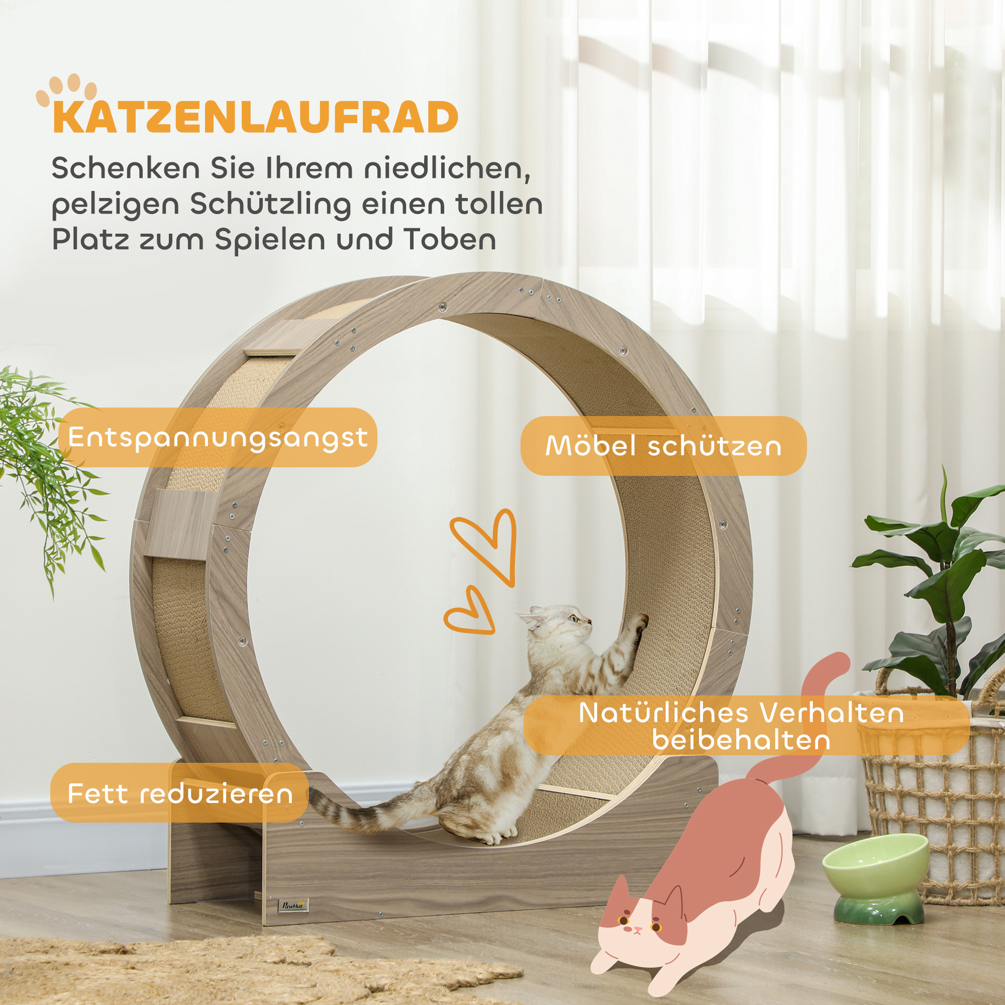 PawHut Kattenloopband, 91 cm, met Rem en Krabmat, Ideaal voor Gezonde Beweging van uw Kat, Walnoot
