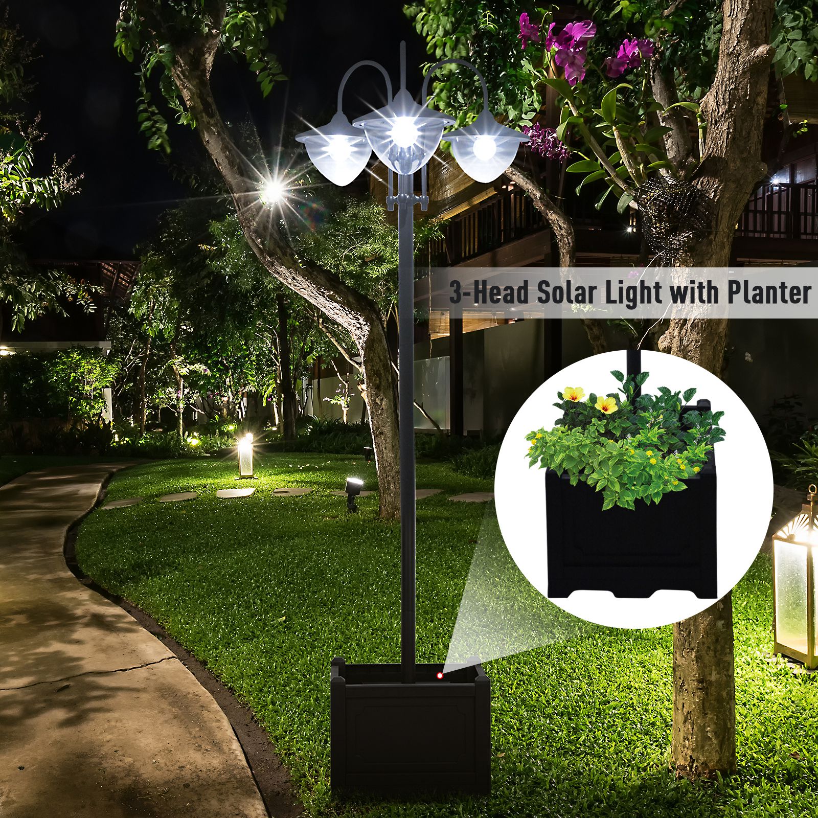 Outsunny Tuinlicht Zonnelamp 60x55x189cm, Energiebesparings Buitenverlichting, Waterproof Bloempotvoet, zwart