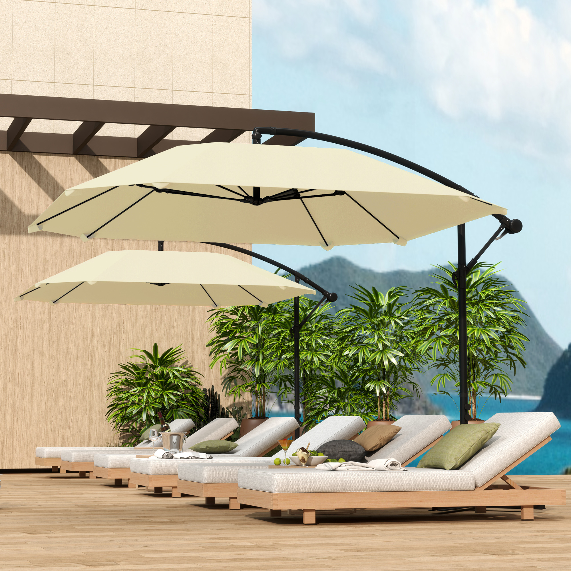 Outsunny Cantilever Parasol Alu Ø 260 cm, Waterdichte Slingerparasol met Standaard, Kruk, Beige