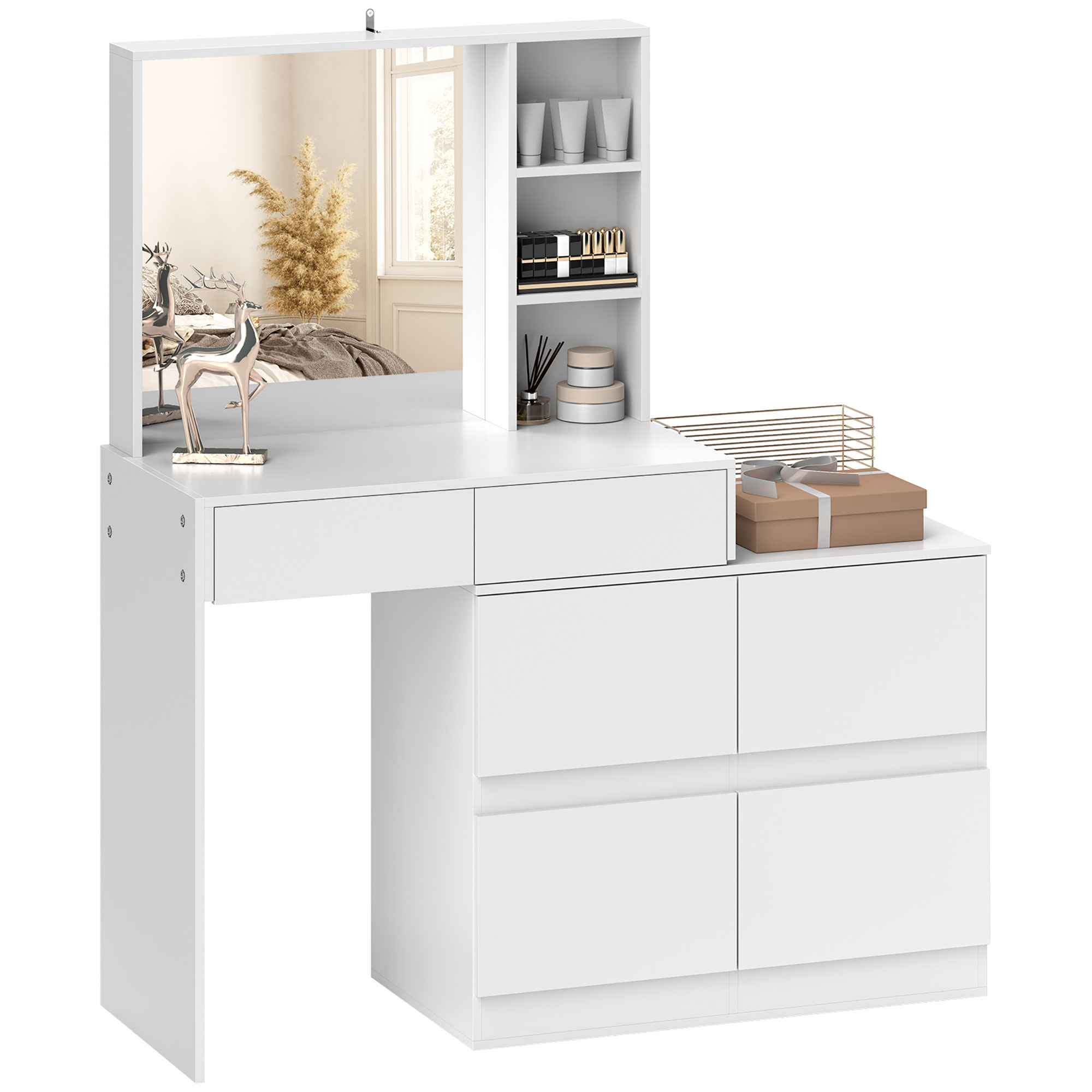 HOMCOM Kaptafel, Makeup-Tafel met Grote Spiegel, 4 Laden, 3 Open Vakken, 2 Kasten, MDF, Wit