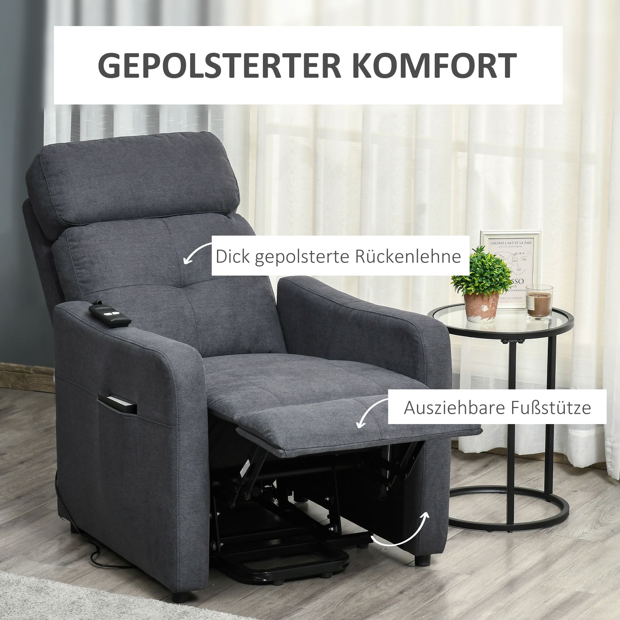 HOMCOM elektrische fauteuil TV fauteuil fauteuil met opstahulp Relax fauteuil met ligfunctie met afstandsbediening polyester stof grijs 71 x 94 x104 cm
