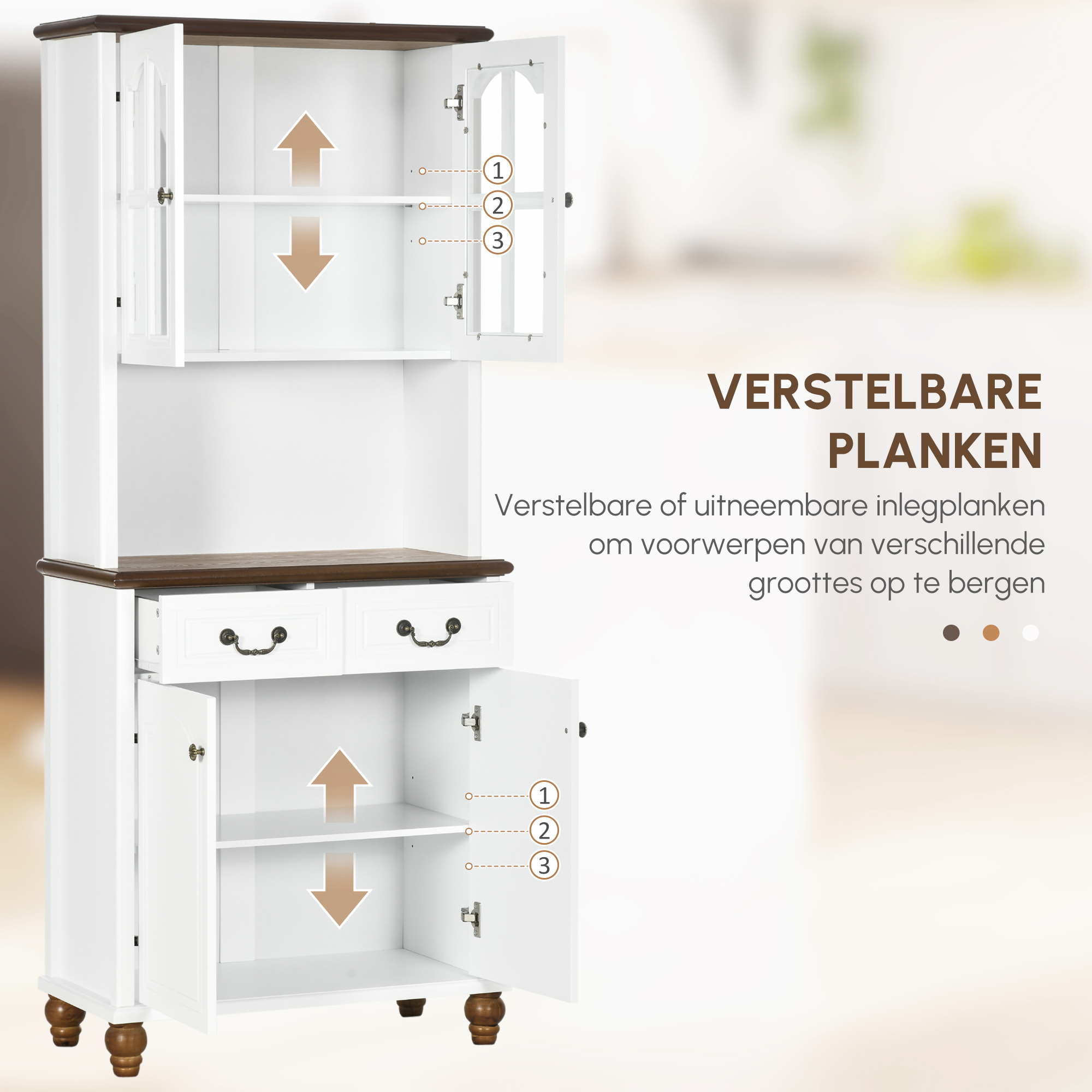 HOMCOM Kast voor in de keuken, buffet, 2 laden, 2 kastvakken, klassiek ontwerp, wit + donkerbruin, 76 x 38 x 182 cm
