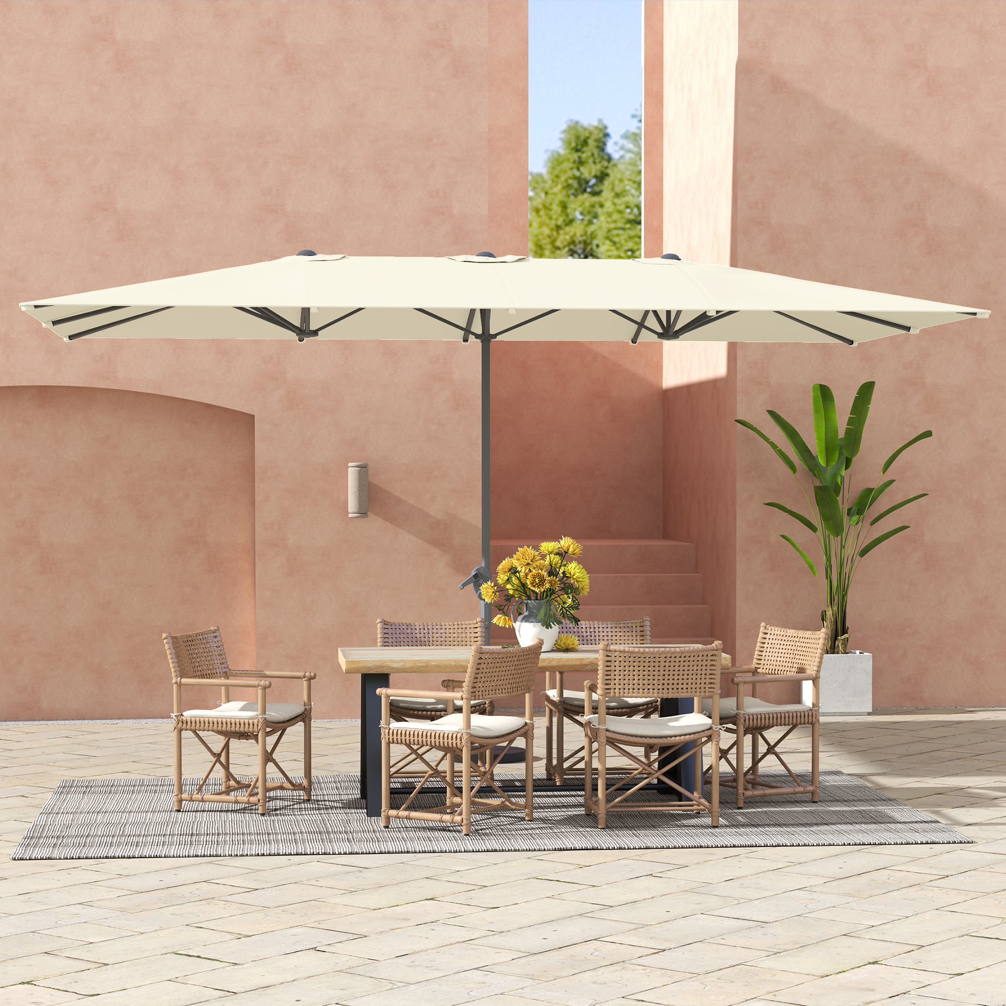 Outsunny Dubbelzijdige Parasol, 451 x 264 cm Zonnescherm met Kruksysteem, 12 Metalen Baleinen, Aluminiummast, Crèmewit