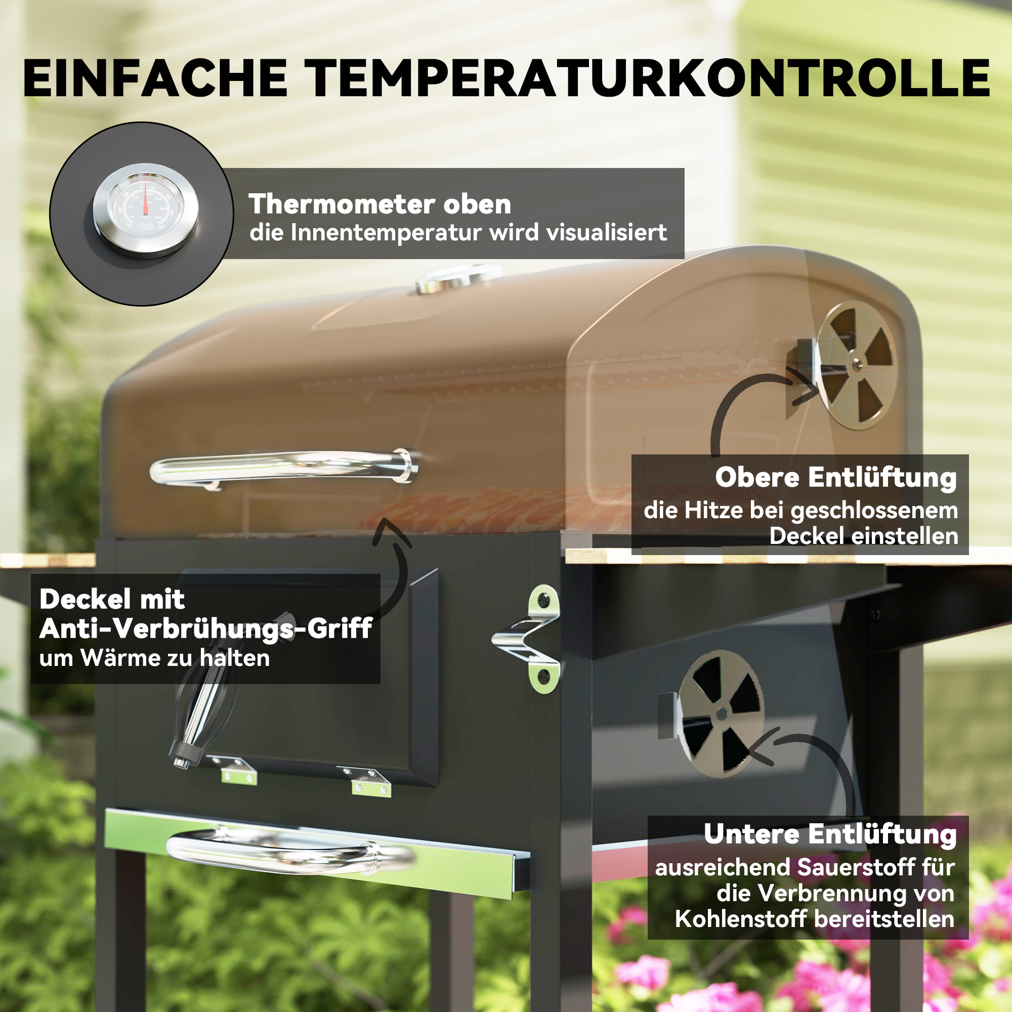 Outsunny Houtskoolgrill met verstelbare kolenbak, grillwagen, planken, thermometer, flesopener, staal, hout, zwart