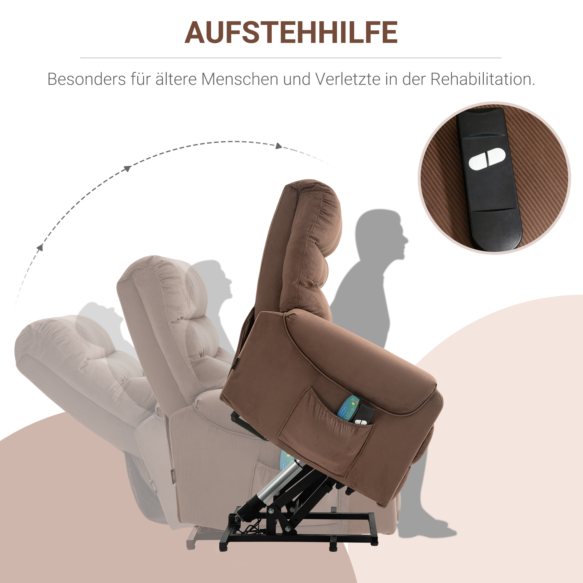 HOMCOM tv-stoel met massagefunctie opstahulp afstandsbediening, verwarming elektrisch ligfunctie polyester stof metaal lichtbruin 79 x 97 x 103 cm