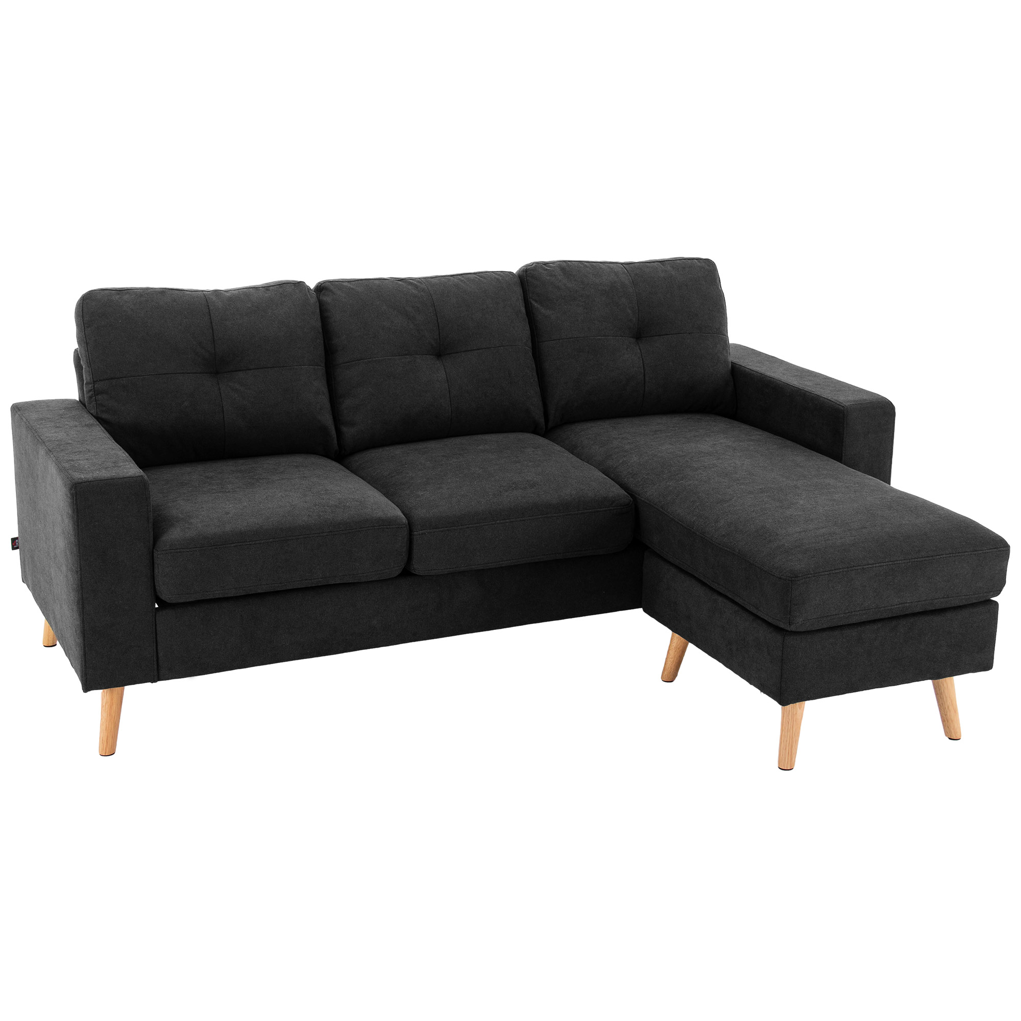 HOMCOM 3-zits hoekbank, linnenlook, omkeerbare chaise longue, 193x136x85 cm, zwart
