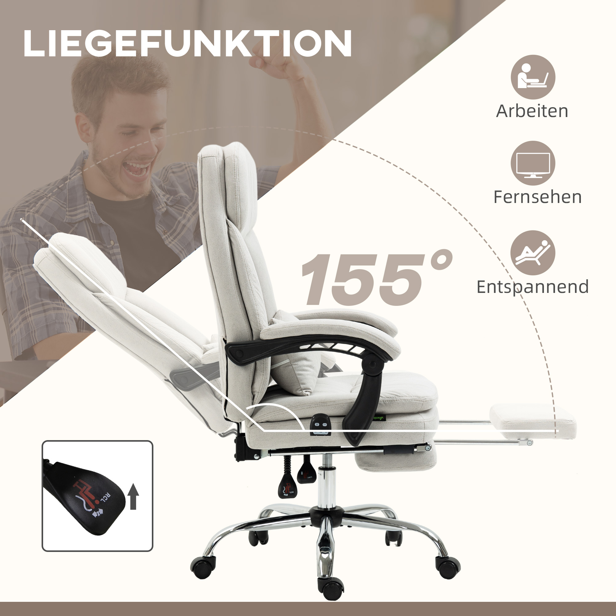 Vinsetto Bureaustoel met Massage- en Warmtefunctie, Ergonomisch, 66x67x110-118cm, Crèmewit