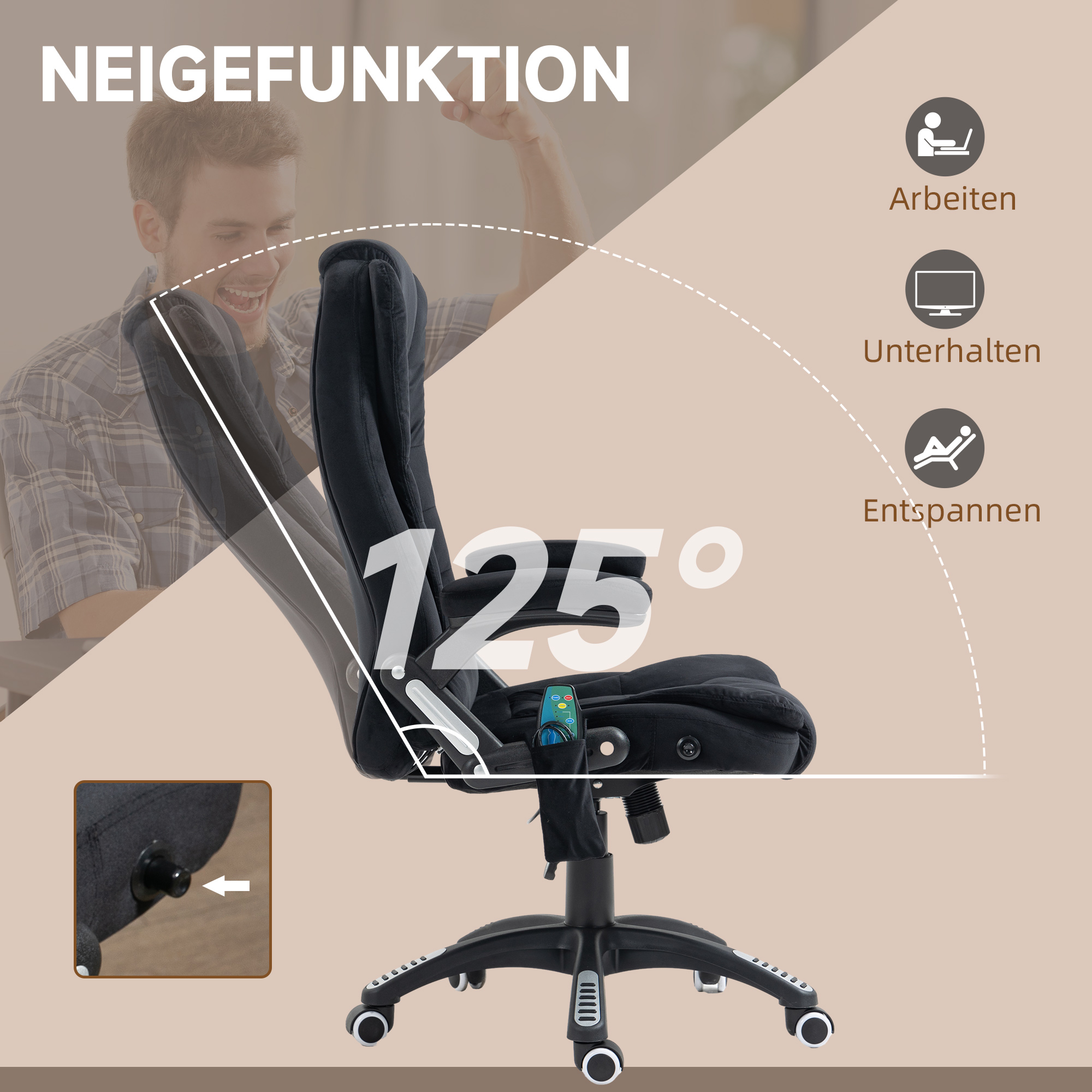 Vinsetto Bureaustoel met Massage- & Verwarmingsfunctie, Ergonomisch, Hoogteverstelbaar, Zwart