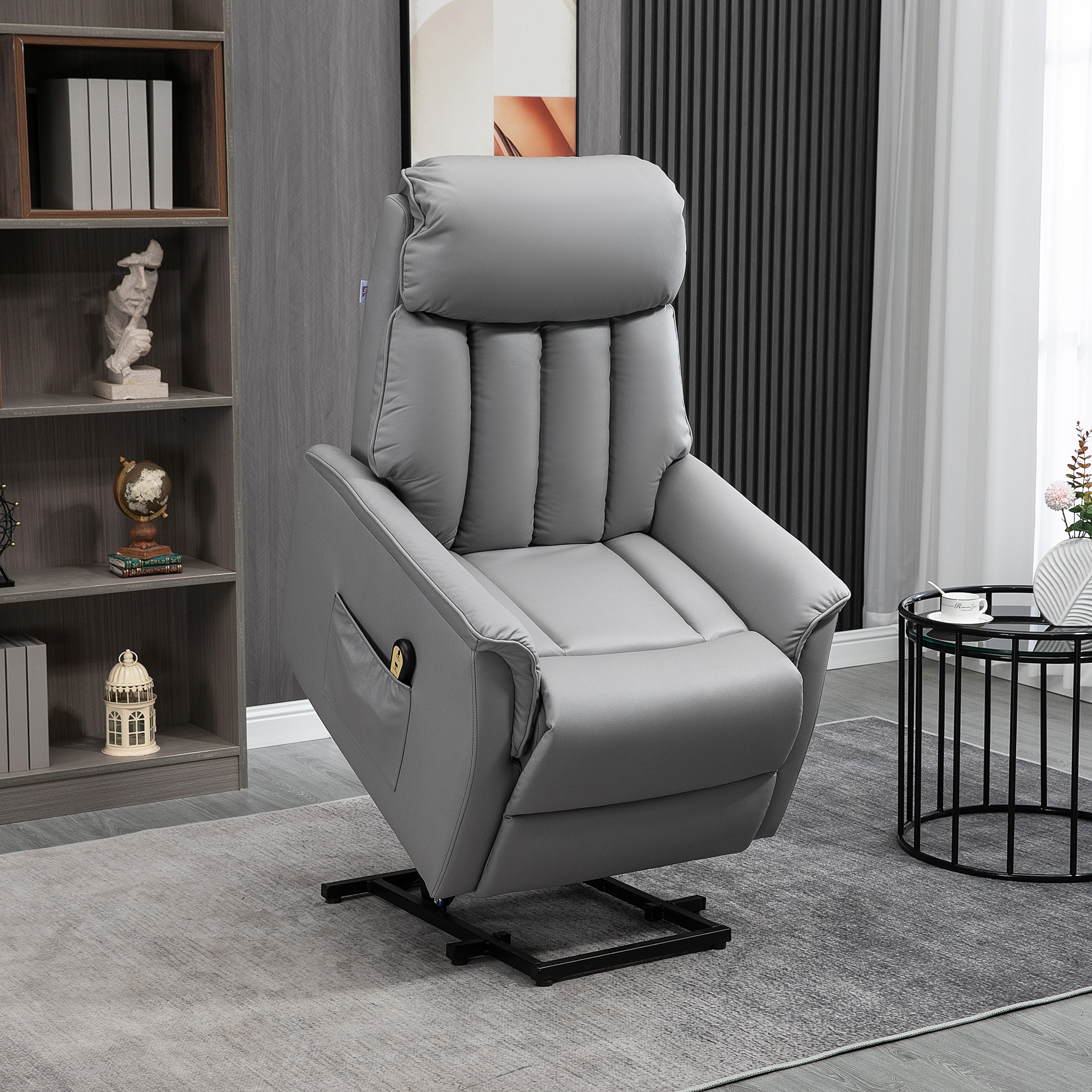 HOMCOM Opstaande stoel Relaxstoel TV-stoel, inclusief kabelafstandsbediening, 1 zijvak, 80 x 94 x 104 cm, Grijs