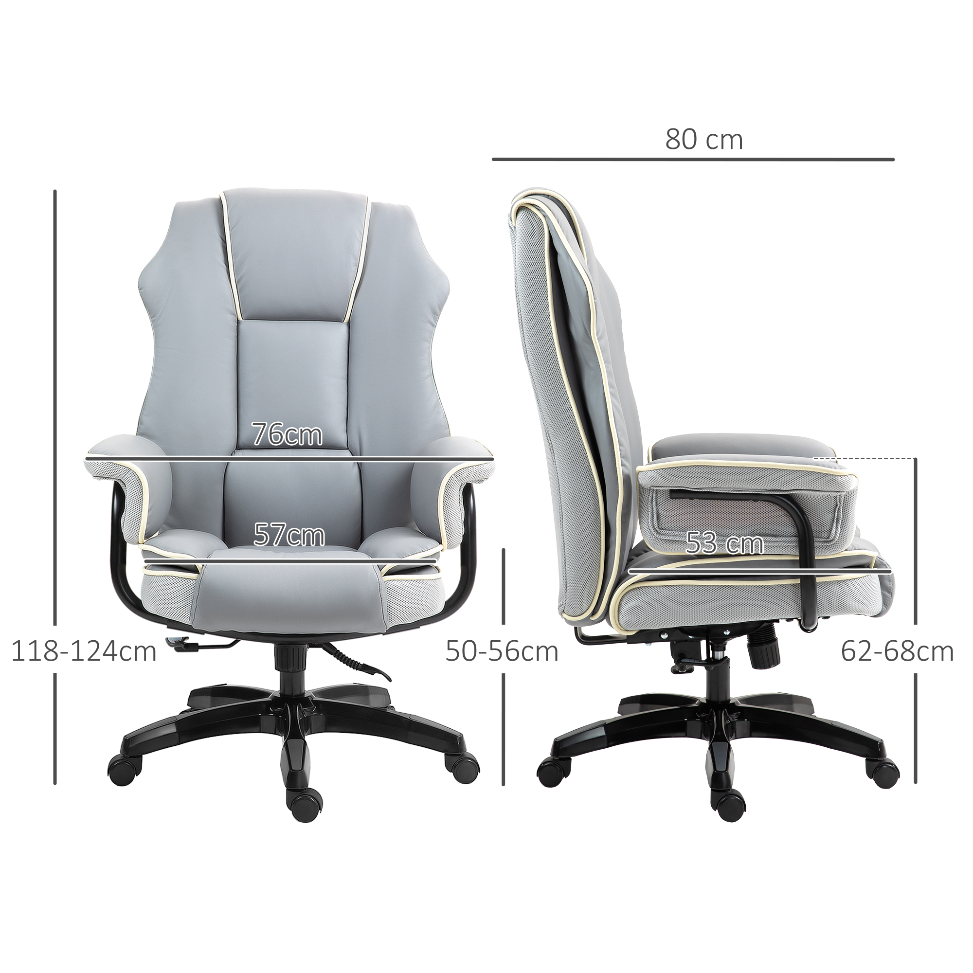 Vinsetto Ergonomische Bureaustoel, Extra Gewatteerd, met Ligfunctie, Kunstleder, 76x80x118-124 cm, Lichtgrijs