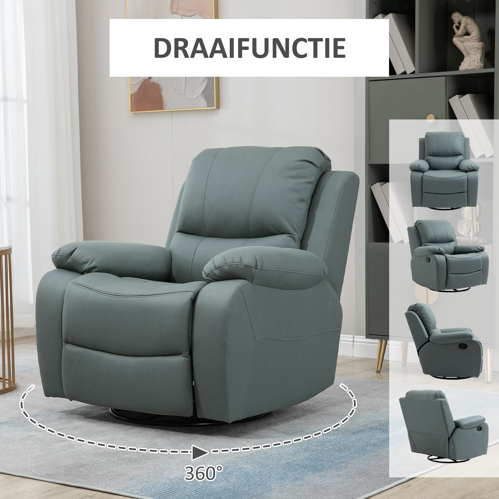 HOMCOM fauteuil met kantelverstelling tot 135°, 360 graden draaibaar, 93 cm x 100 cm x 98 cm, stalen frame, groen