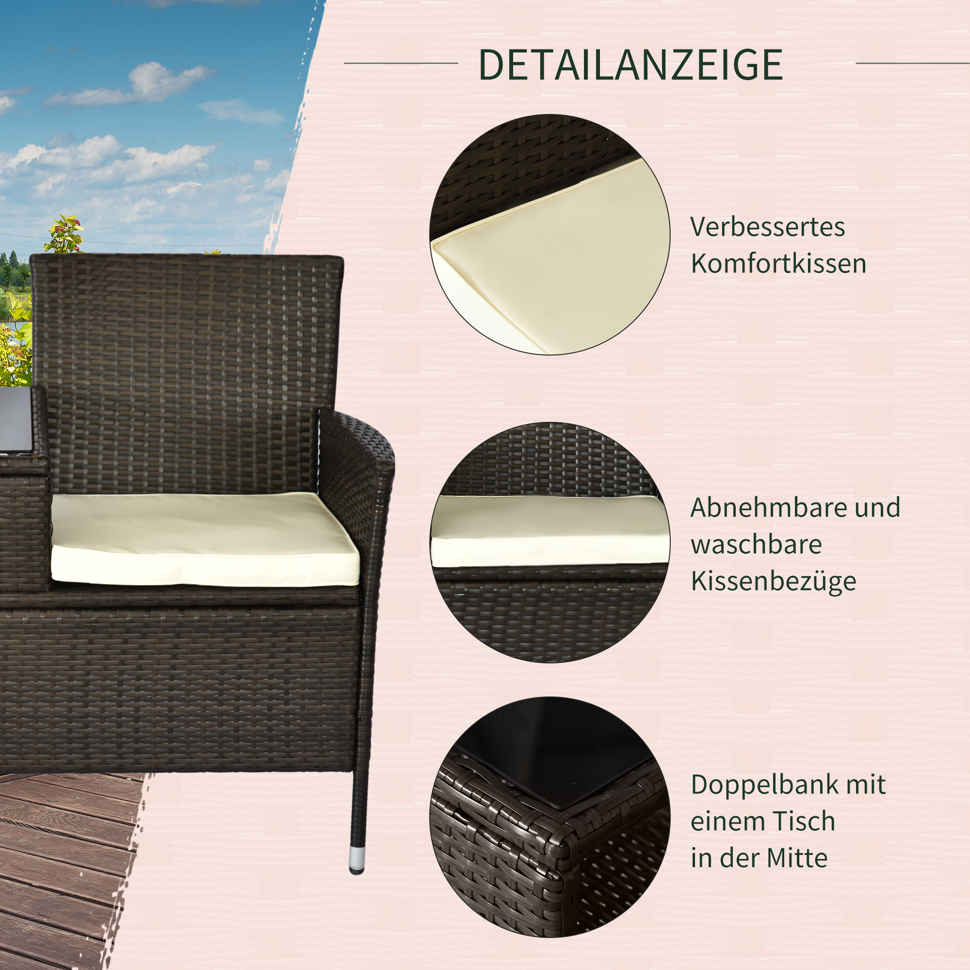 Outsunny Poly-rotan tuinbank met tafel tuinbank bank 2-zits staal bruin