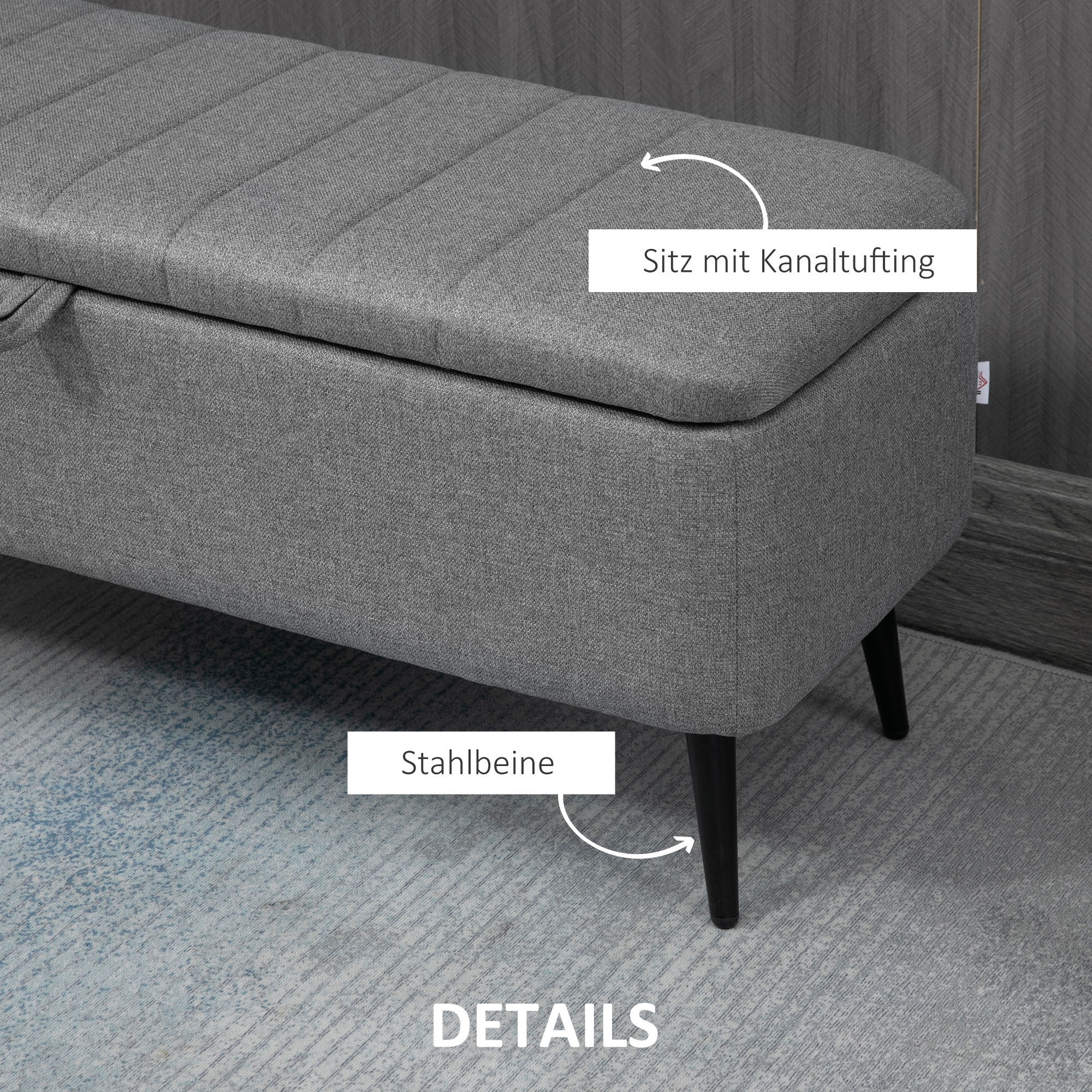 HOMCOM Zitbank met Opbergruimte, Gestoffeerde Bank met Linnenlook, Opbergbank met Stalen Poten 102 x 40 x 44 cm, Grijs