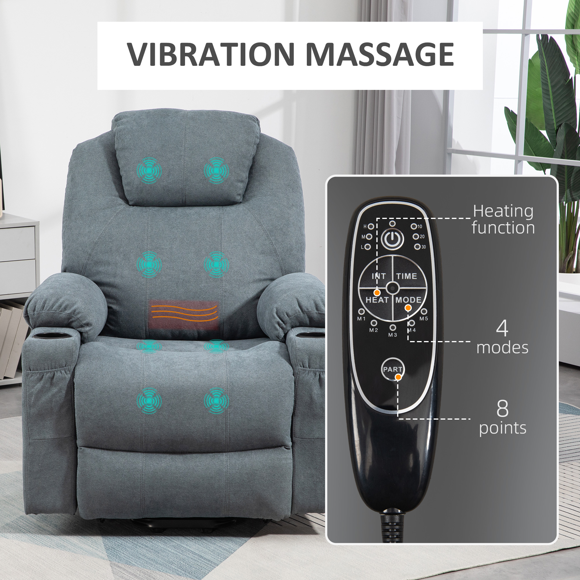 HOMCOM Revalidatiestoel voor Senioren, 8 Massagepunten, Zijzakken, Afstandsbediening, Grijs