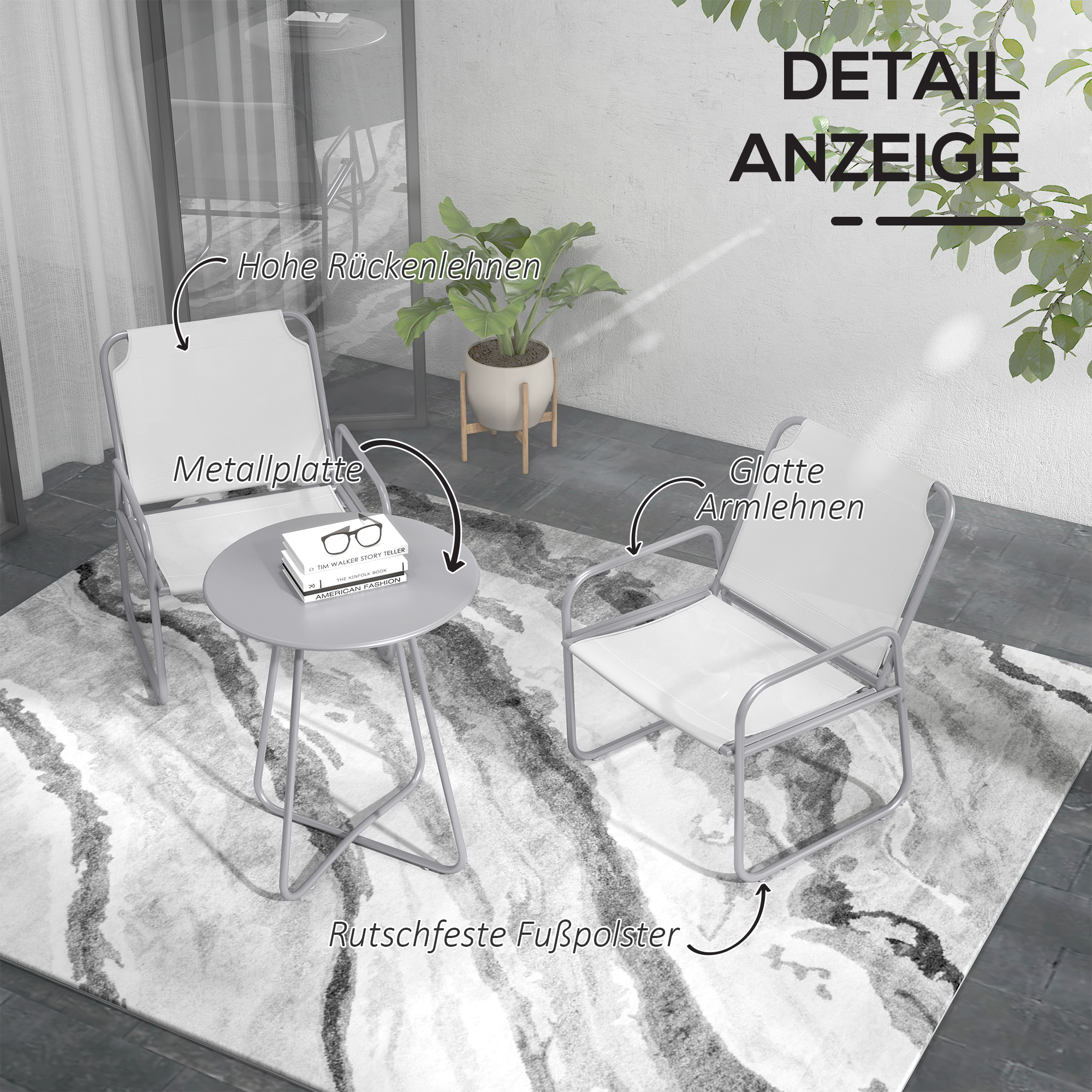 Outsunny 3-delige tuinmeubelset, 2 stoelen met ademende stoffen bekleding, 1 ronde tafel Ø60 cm, Lichtgrijs