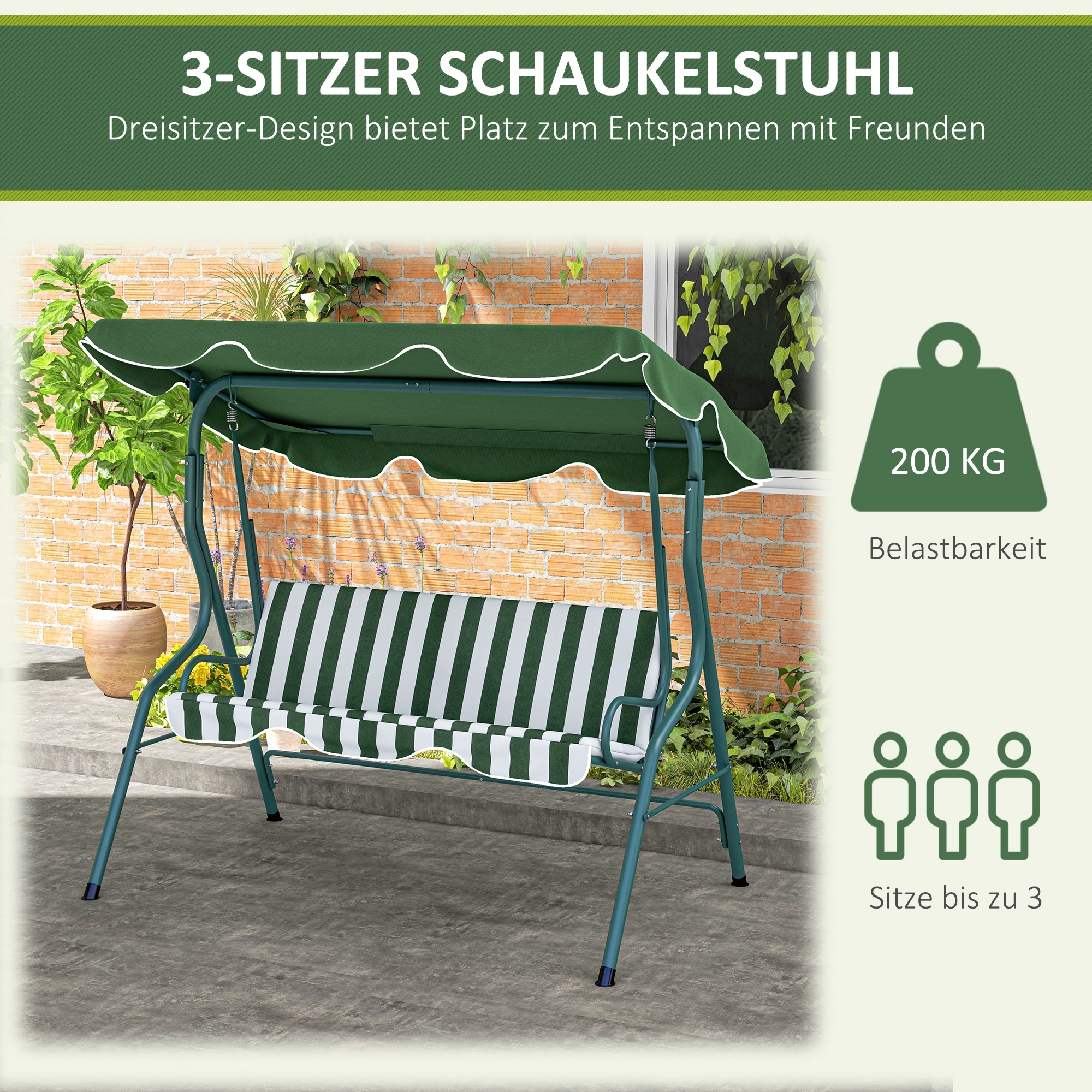 Outsunny 3-zits Hollywoodschommel Tuinligbed Schommelbank, weerbestendig, 172 cm x 110 cm x 153 cm, Groen + Wit