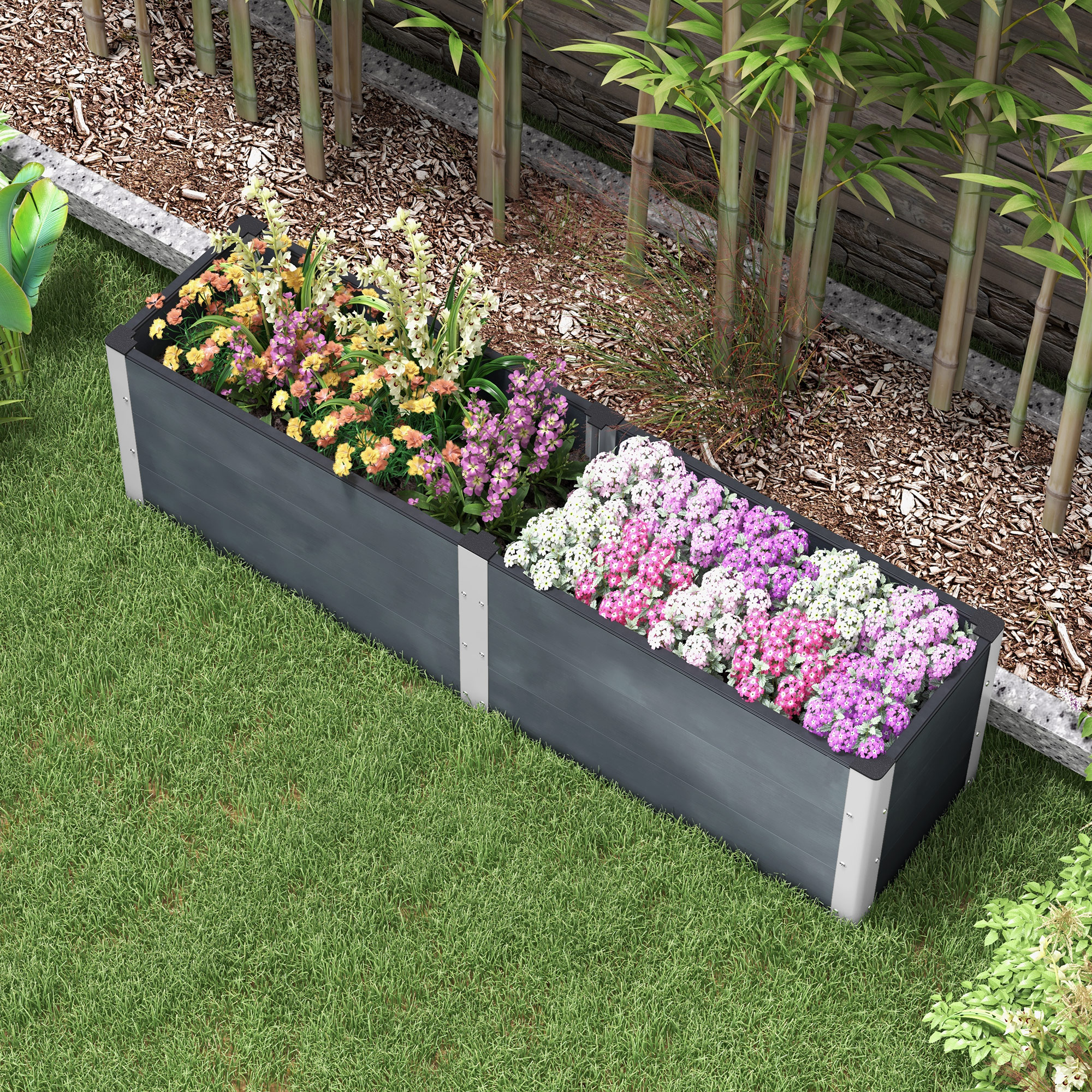 Outsunny Hoge plantenbak met open bodem, hoge zijkanten, weerbestendig, aluminium frame, 200 x 50 x 56 cm, Grijs