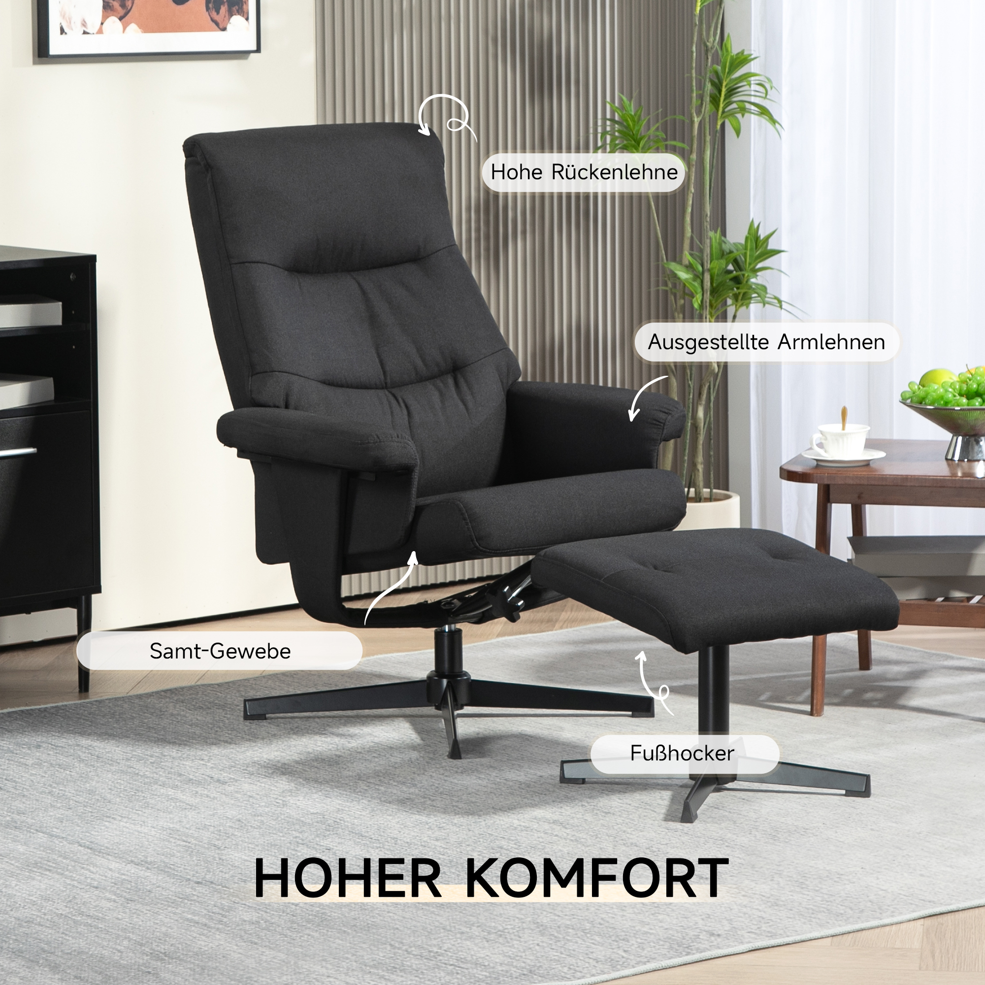 HOMCOM Draaibare Ligstoel met Voetenbank, Kantelfunctie, in Fluweel Look, Tot 150 kg, Zwart