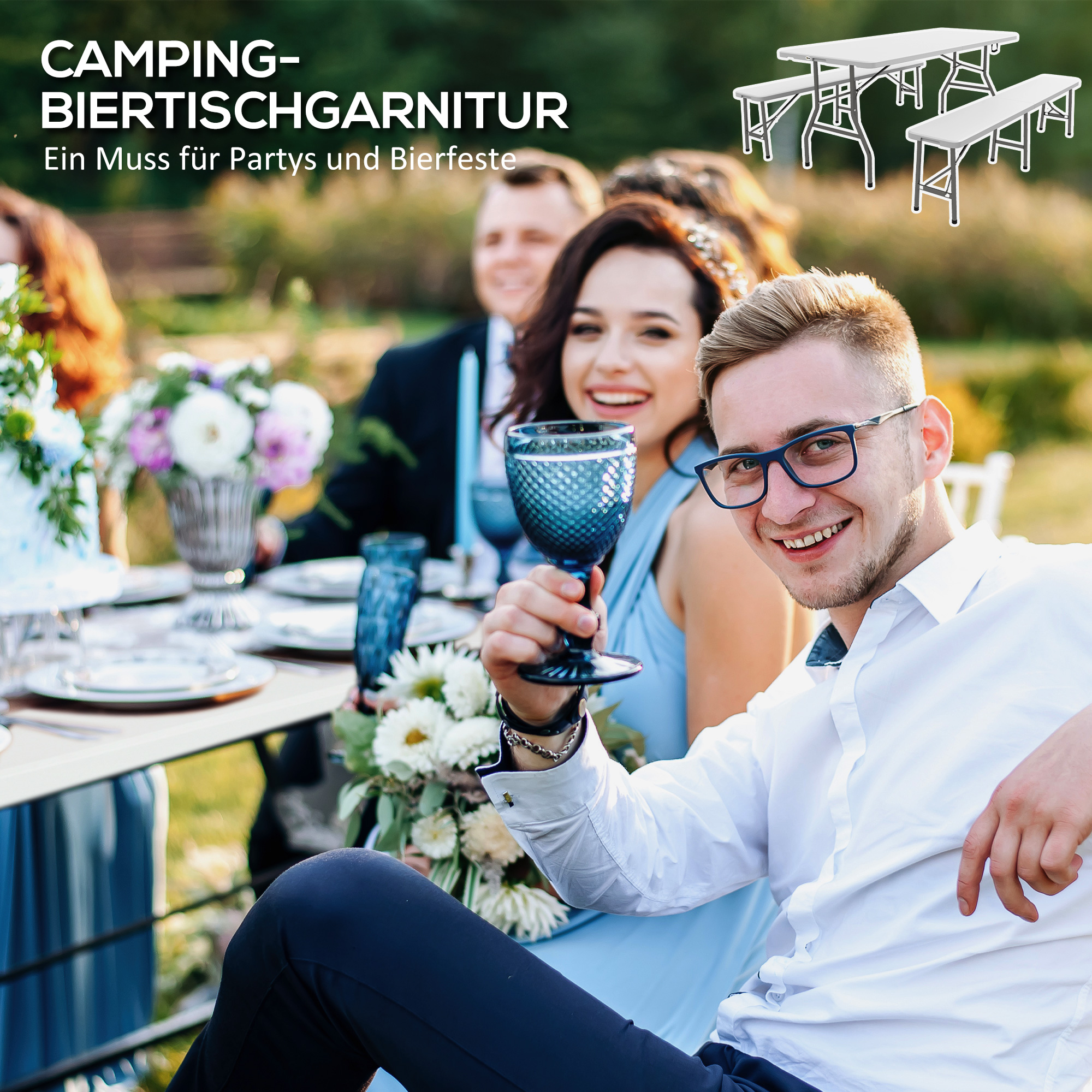 Outsunny Biertafelset voor 6 personen, 3-delig, inklapbaar, lichtgewicht, weerbestendig, stalen frame, wit