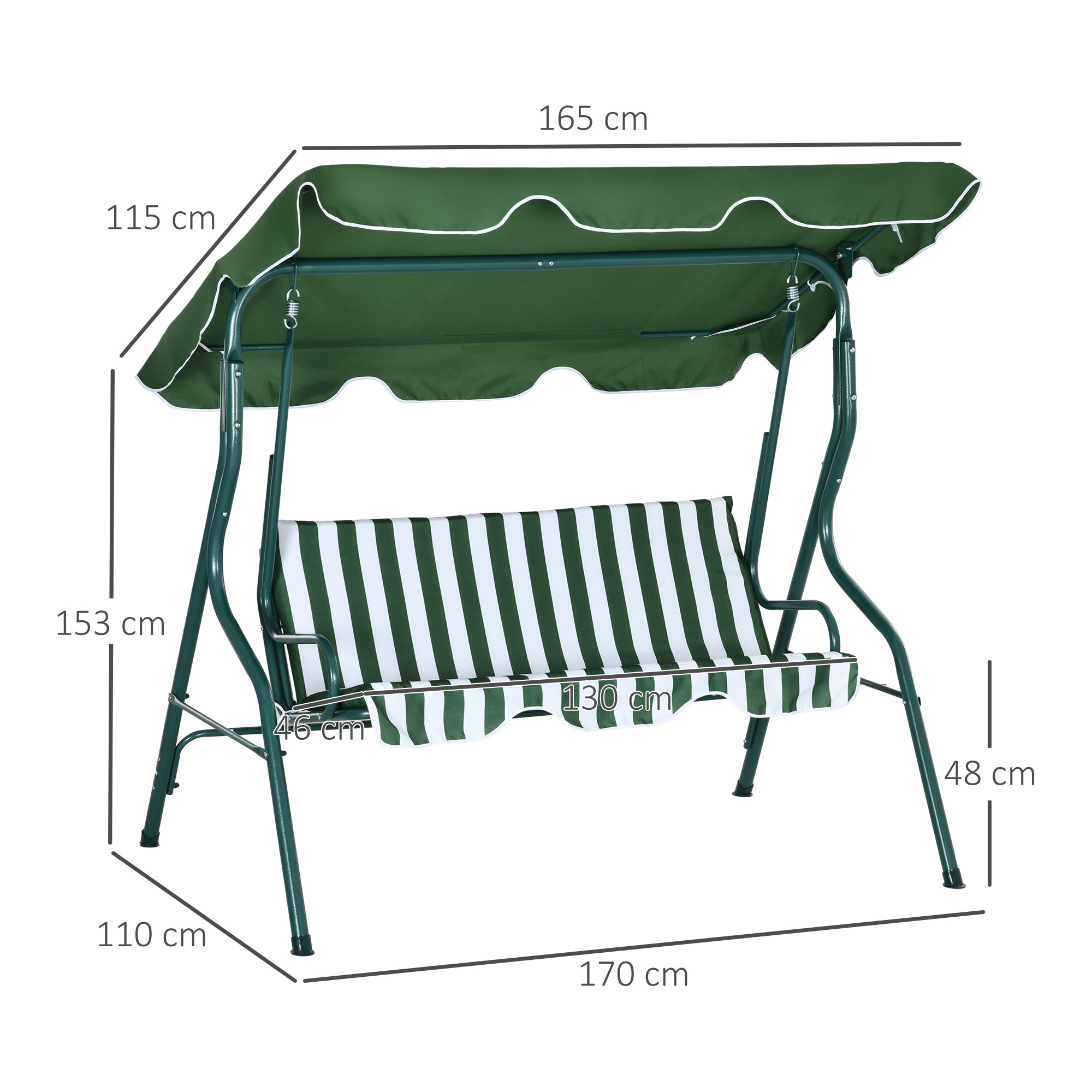 Outsunny 3-zits Hollywoodschommel Tuinligbed Schommelbank, weerbestendig, 172 cm x 110 cm x 153 cm, Groen + Wit