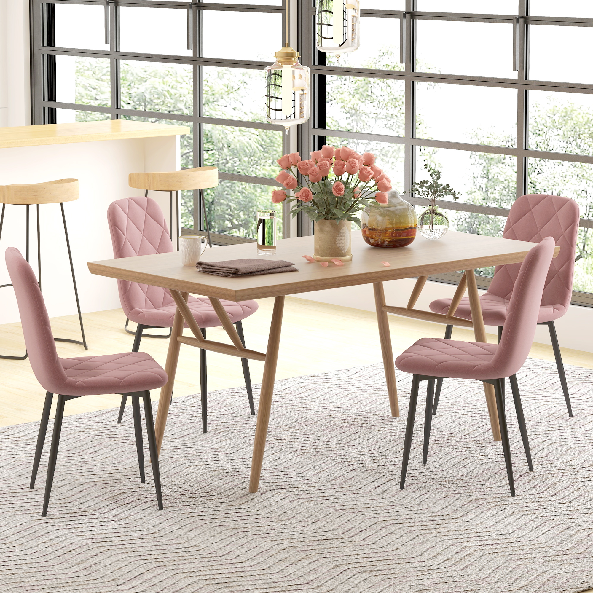 HOMCOM 4-delige Set Eetkamerstoelen in Fluwelen Look met Rugleuning, 45 x 54 x 87 cm, Roze