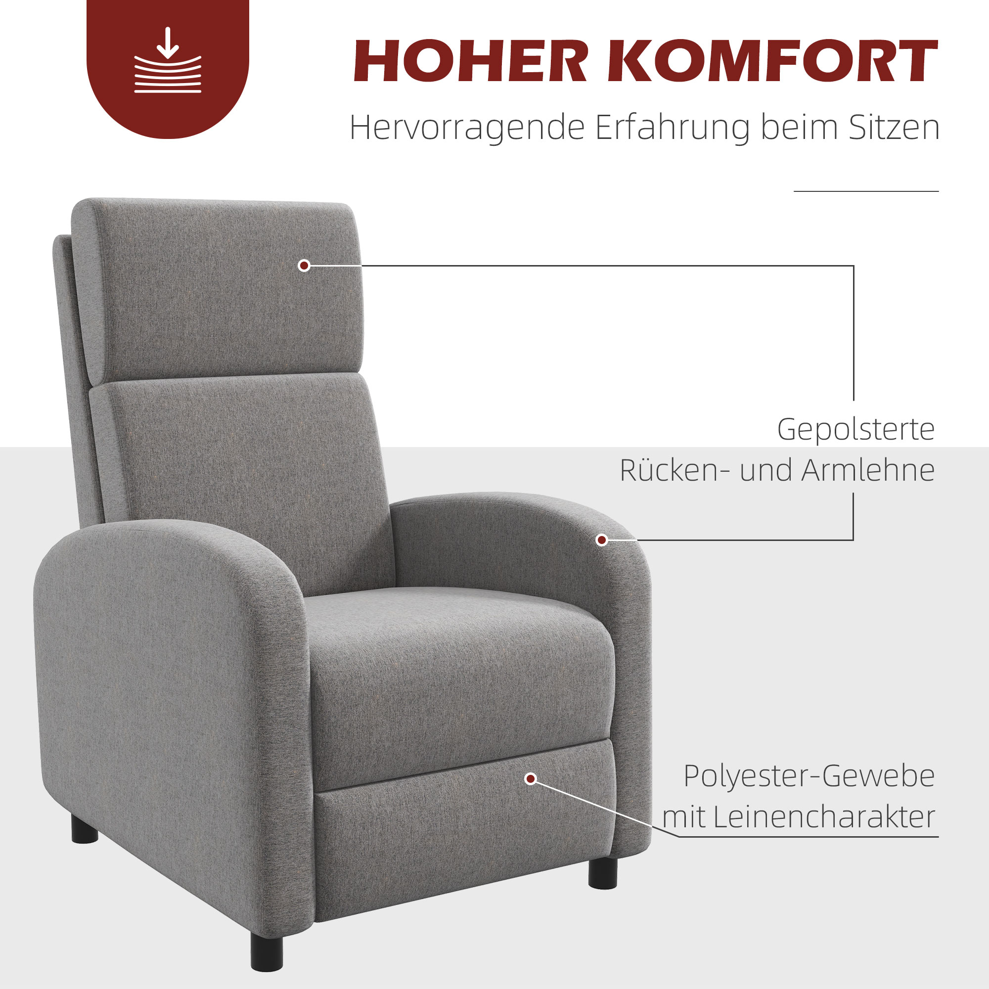 HOMCOM Relaxstoel TV-stoel, uitklapbare voetensteun, kantelbaar tot 160°, 64 x 86 x 102 cm, Grijs
