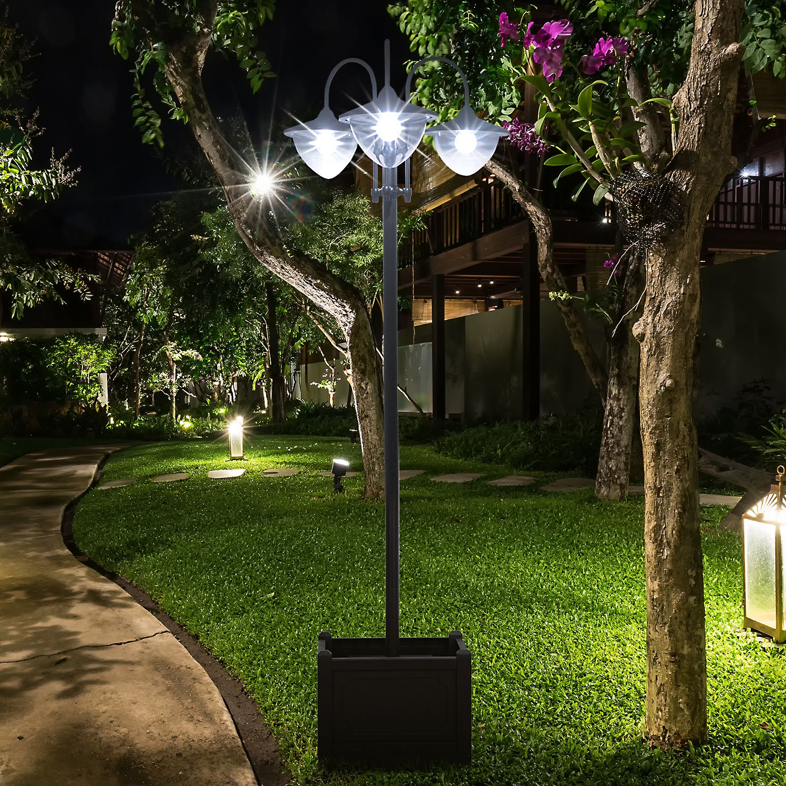 Outsunny Tuinlicht Zonnelamp 60x55x189cm, Energiebesparings Buitenverlichting, Waterproof Bloempotvoet, zwart