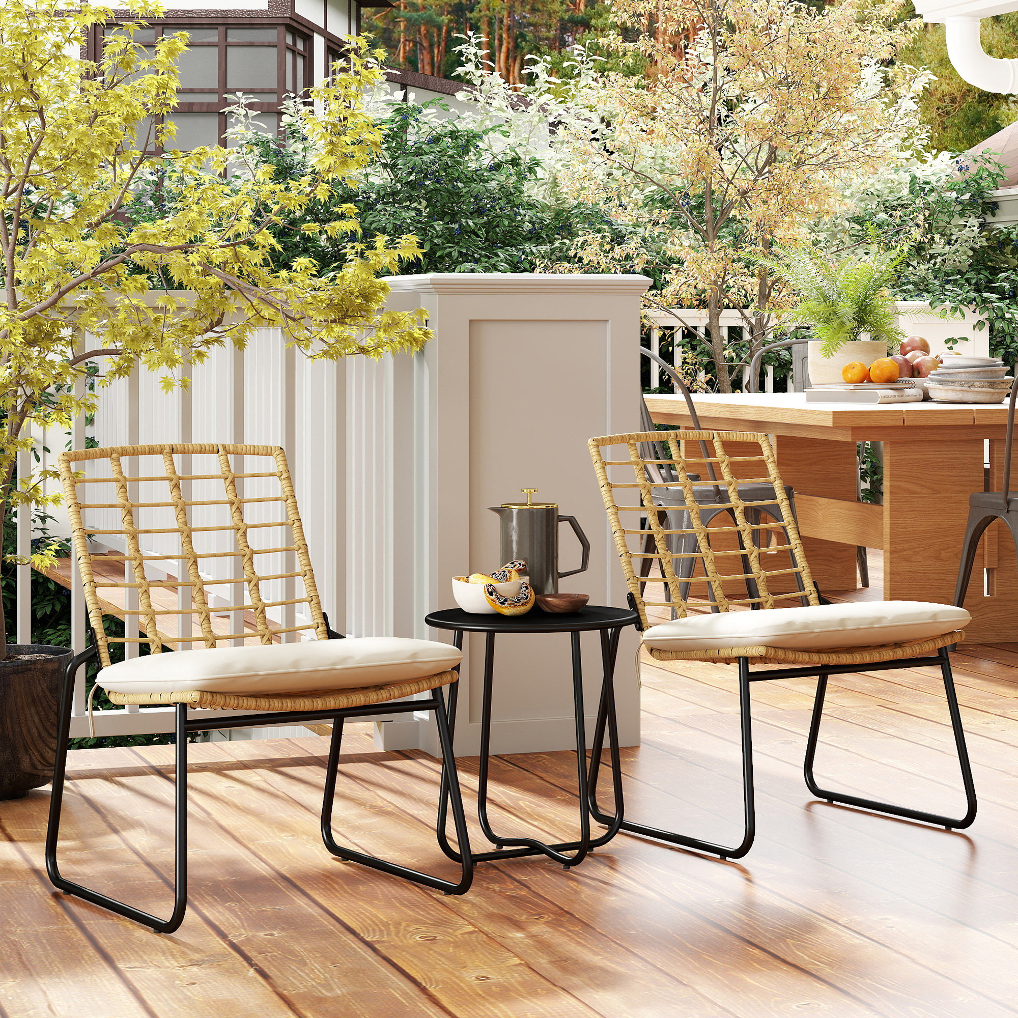 Outsunny 3-delig Tuinmeubelset, 2 Rattan Stoelen, 1 Tafel met Metalen Blad, Zitkussens, Bistroset, Beige & Bruin