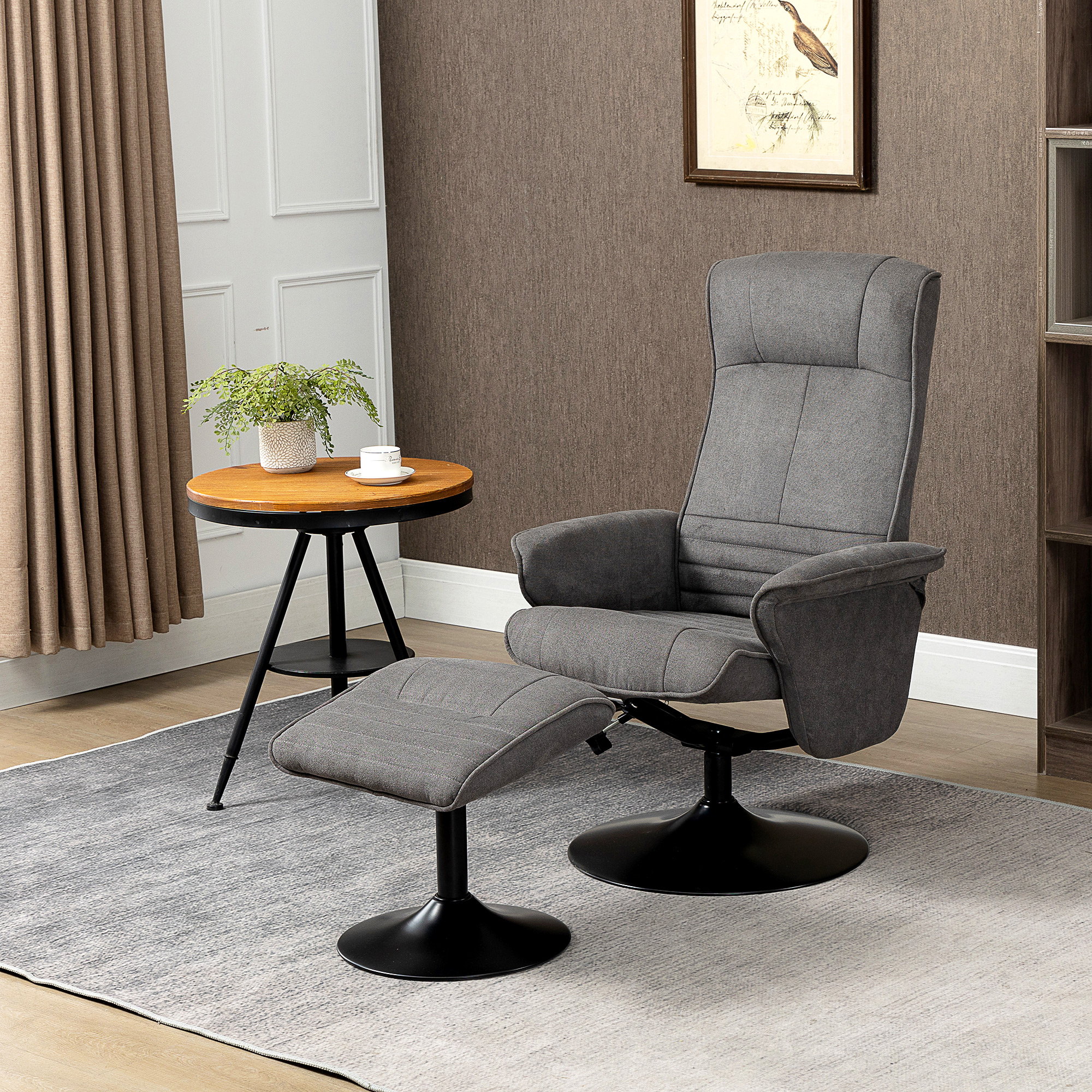 HOMCOM Relaxfauteuil met Voetenbankje, Verstelbare Rugleuning, 69 cm x 71 cm x 104 cm, Donkergrijs + Zwart