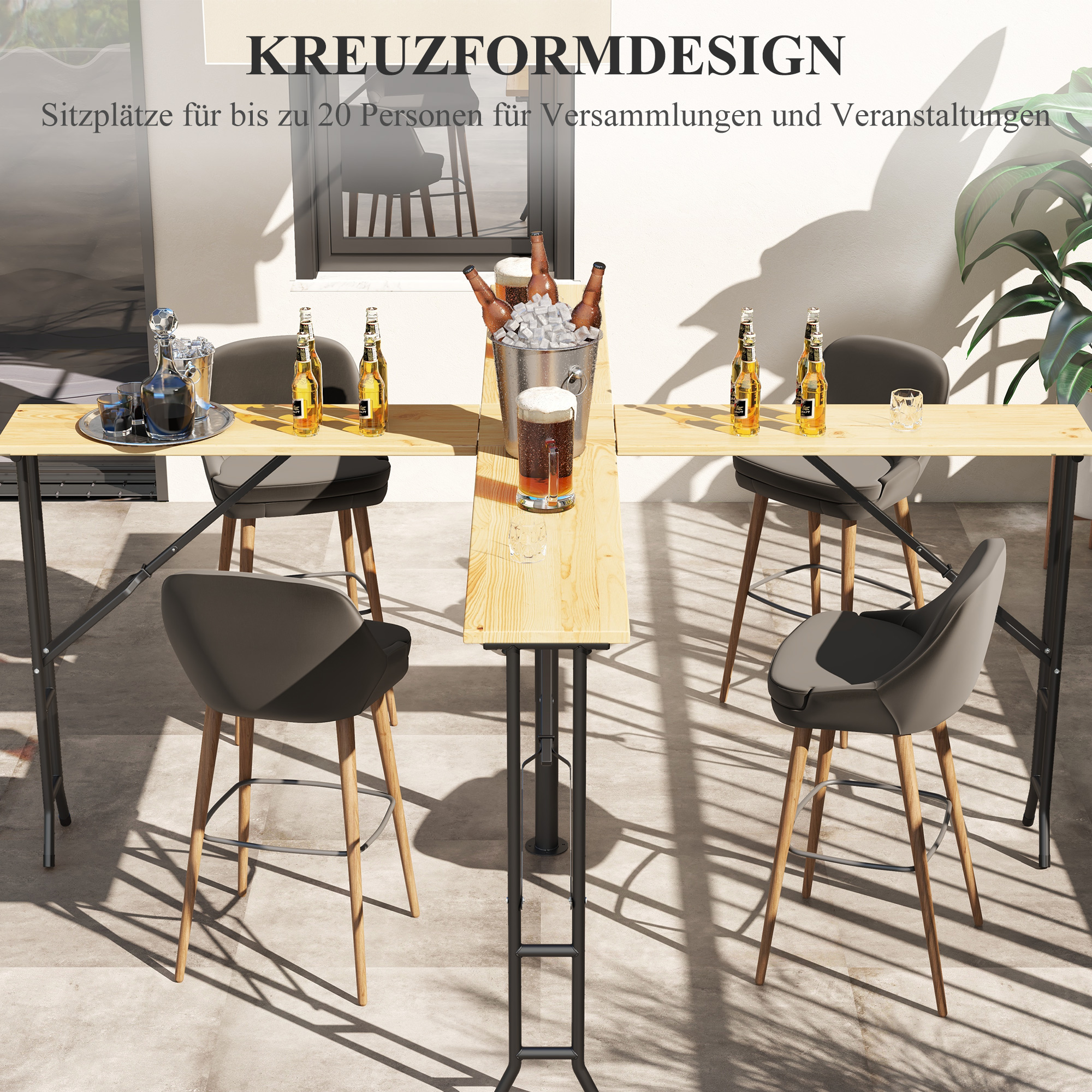 Outsunny Picknicktafel, Opvouwbare Buitentafel, voor 20 Personen, Weerbestendig, Metaal, Grenenhout, 2,4x2,4x1m, Natuur/Zwart