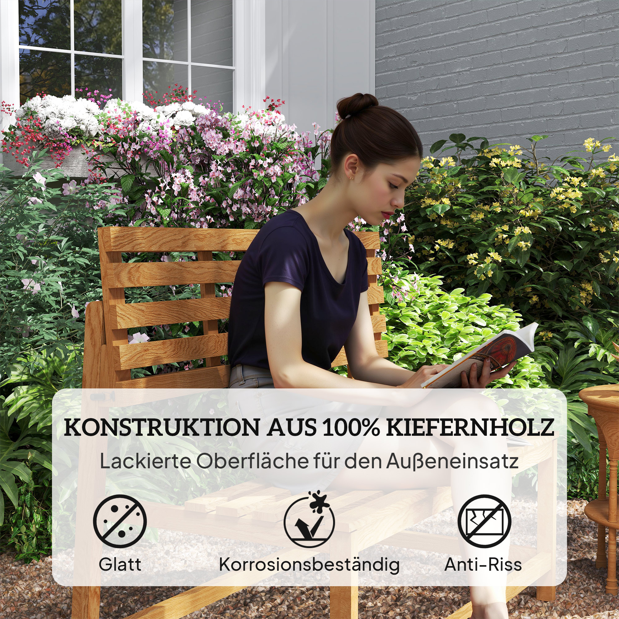 Outsunny 2-zits Tuinbank van Hout, Weerbestendige Zitbank, UV-Bestendige Tuinmeubelen met Omzetbare Rugleuningen 110x61x89cm, Teak