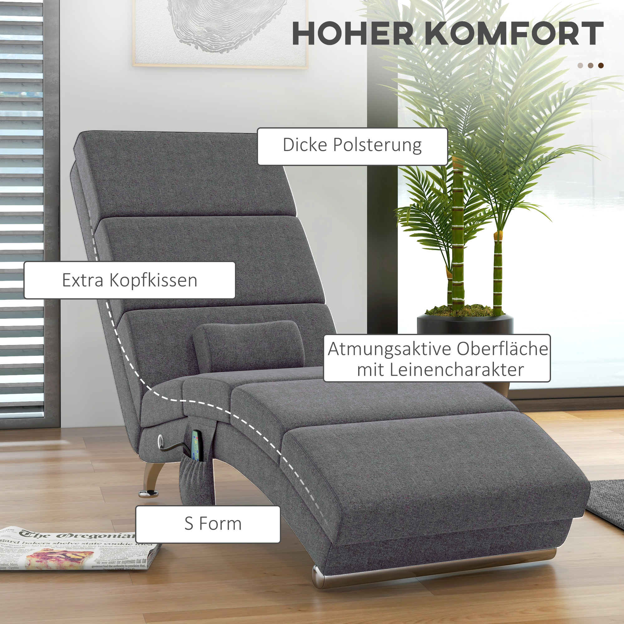 HOMCOM Massagestoel Relaxstoel Ligstoel 8 vibratiepunten, 5 modi, 8 vibratiepunten, 56 x 168 x 84 cm, Grijs