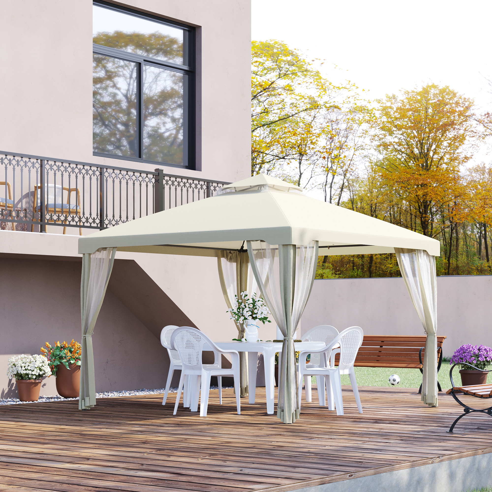 Outsunny tuinpaviljoen gazebo tuintent partytent met 4 x zijwand weerbestendig metaal + polyester crème wit 3 x 3 x 2.6 m