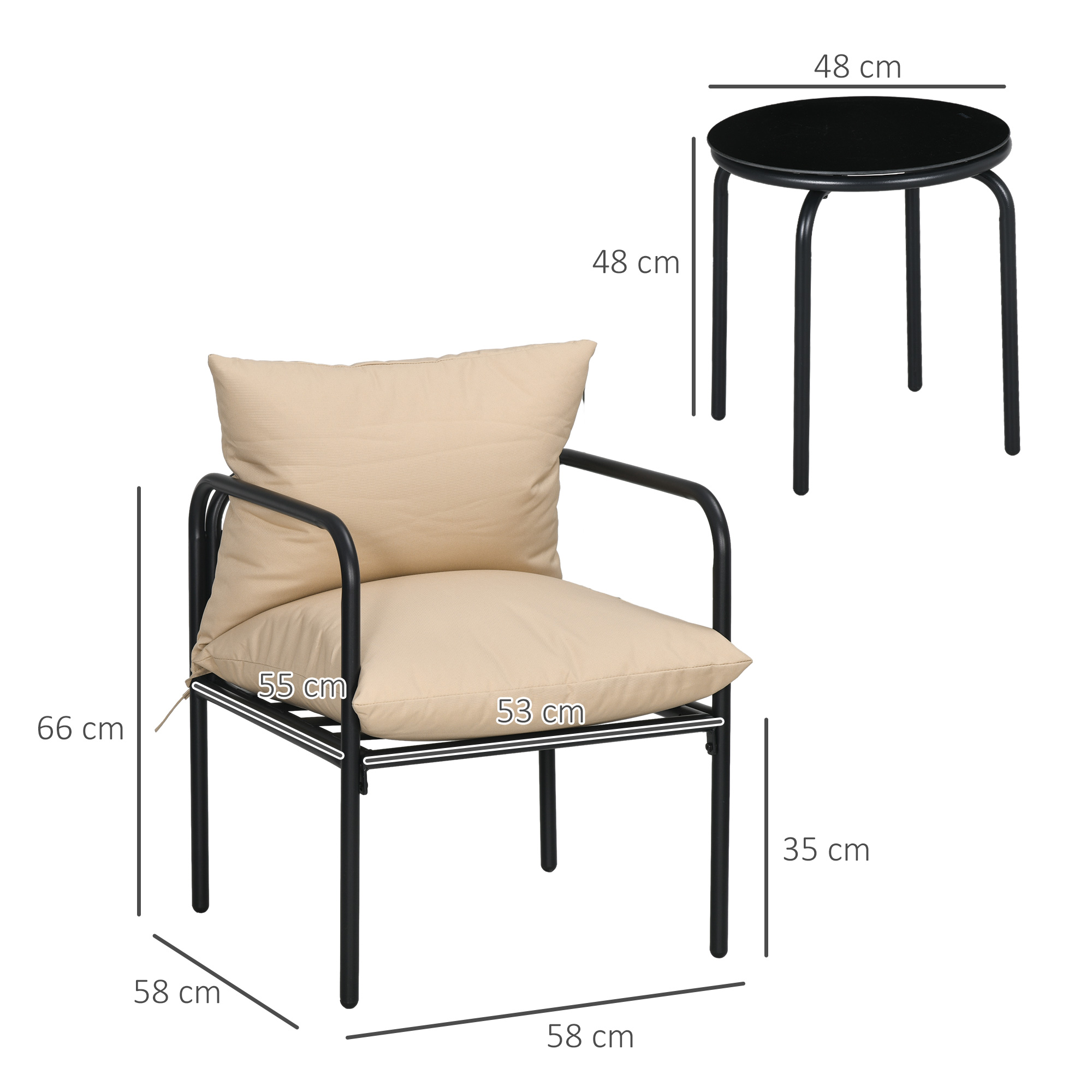 Outsunny Tuinset, 3-delig, 2 stoelen, tafel met glazen blad, zitkussen, metalen frame, beige