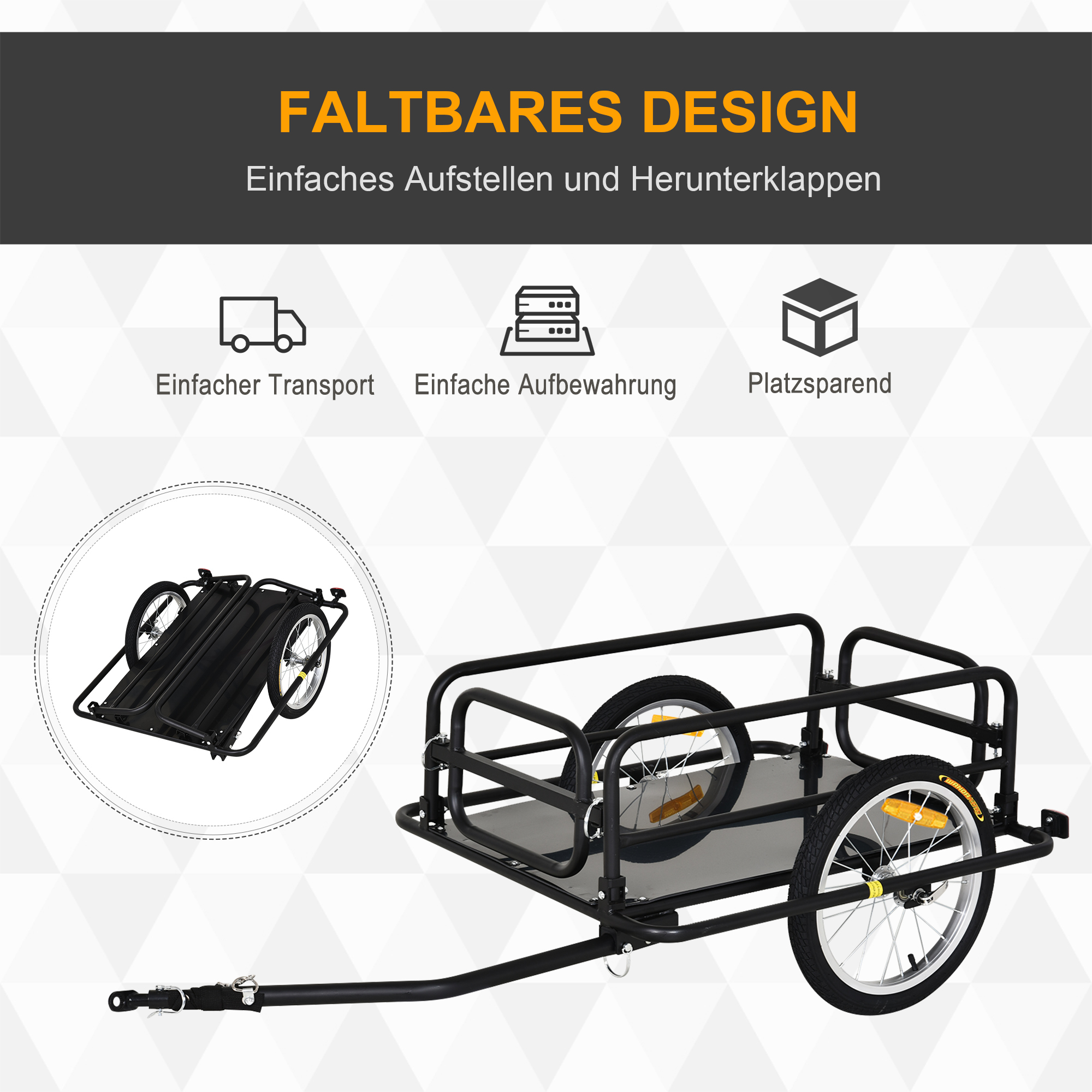 HOMCOM Fietskar Aanhangwagen voor fiets 40 kg laadvermogen Transportkar Handkar Trekhaak Staal Zwart 139 x 71,5 x 49 cm
