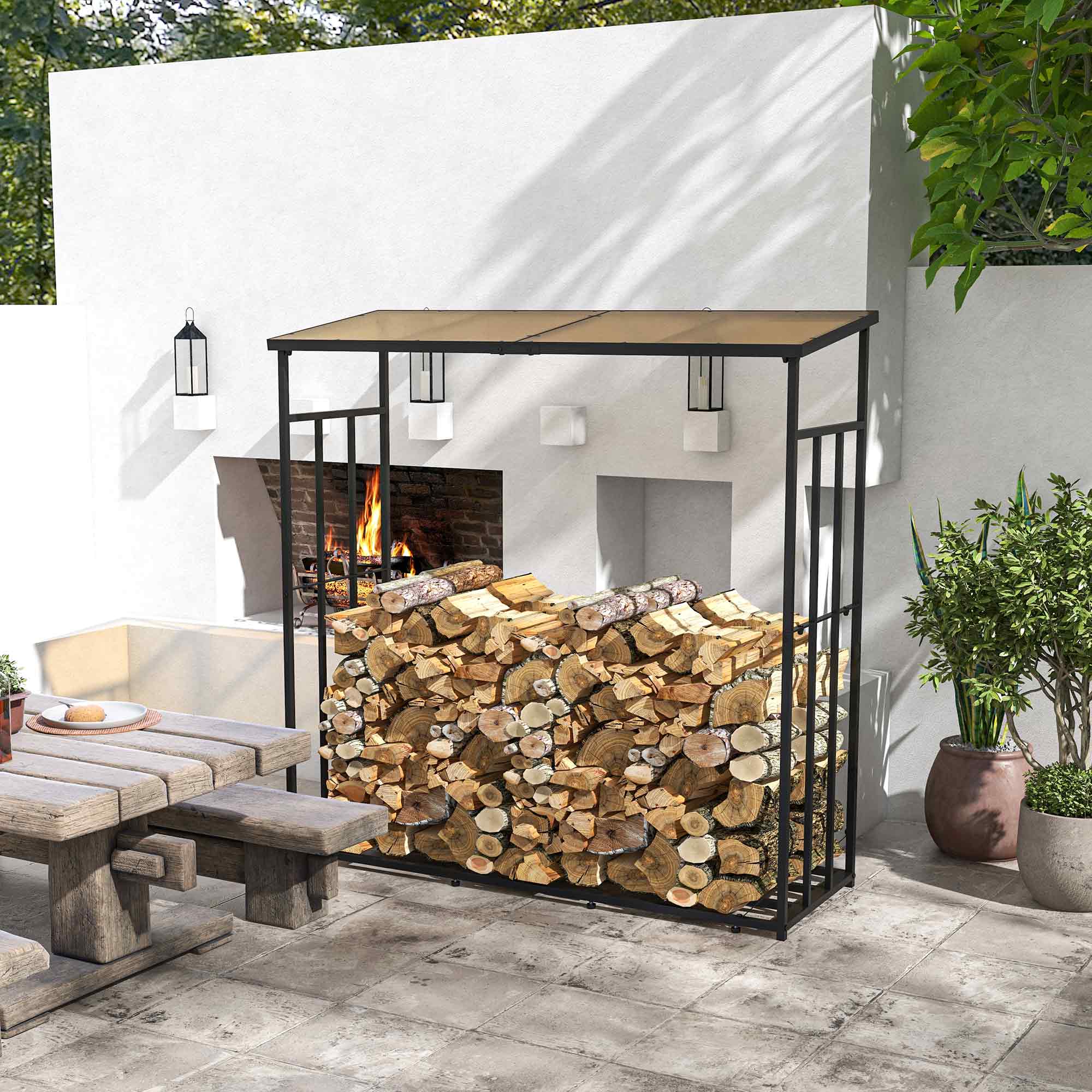 Outsunny Houtopslag voor buiten, tot 2100 kg, polycarbonaat dak, metalen frame, 185 x 67 x 185 cm