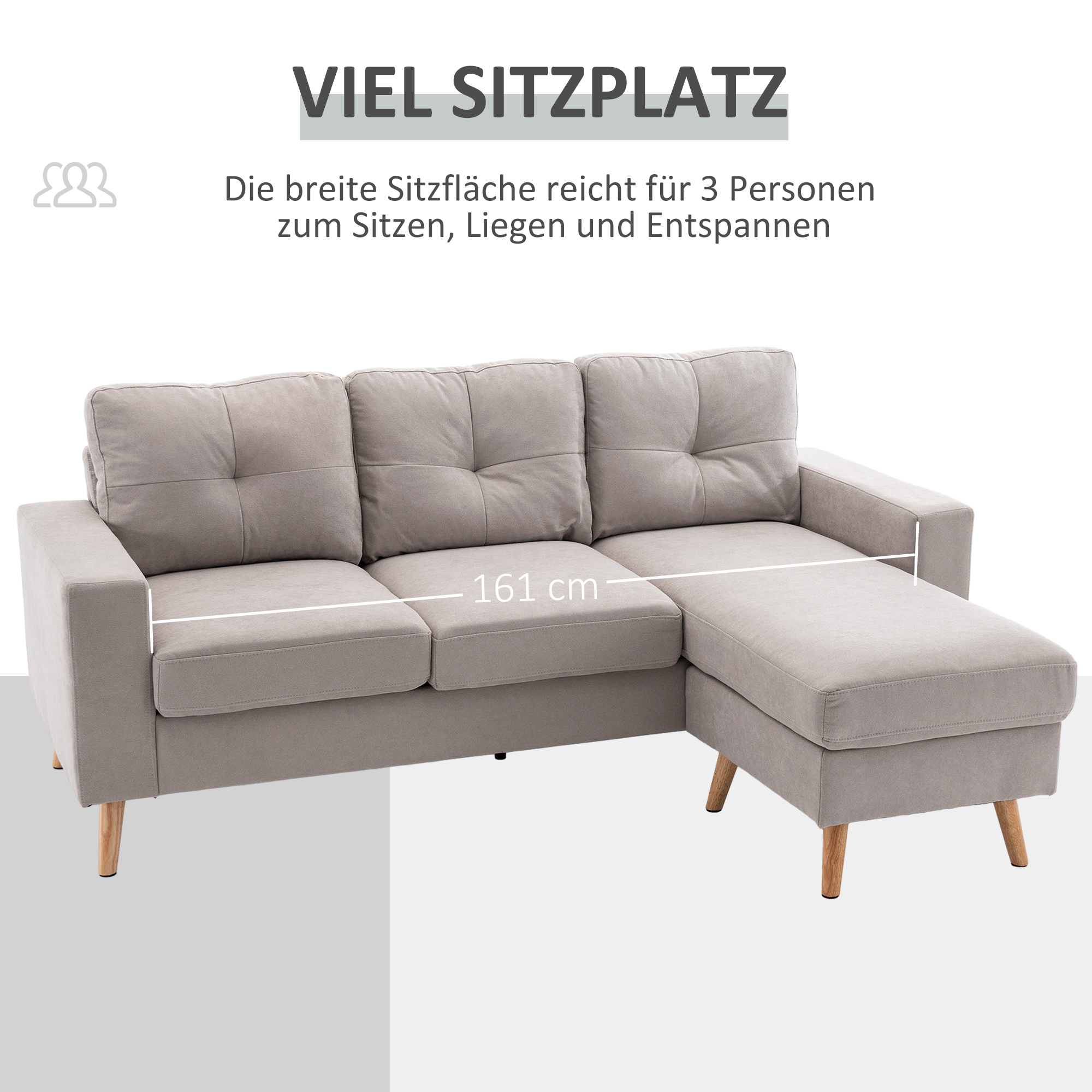 HOMCOM 3-zits hoekbank, linnenlook, omkeerbare chaise longue, 193x136x85 cm, lichtgrijs