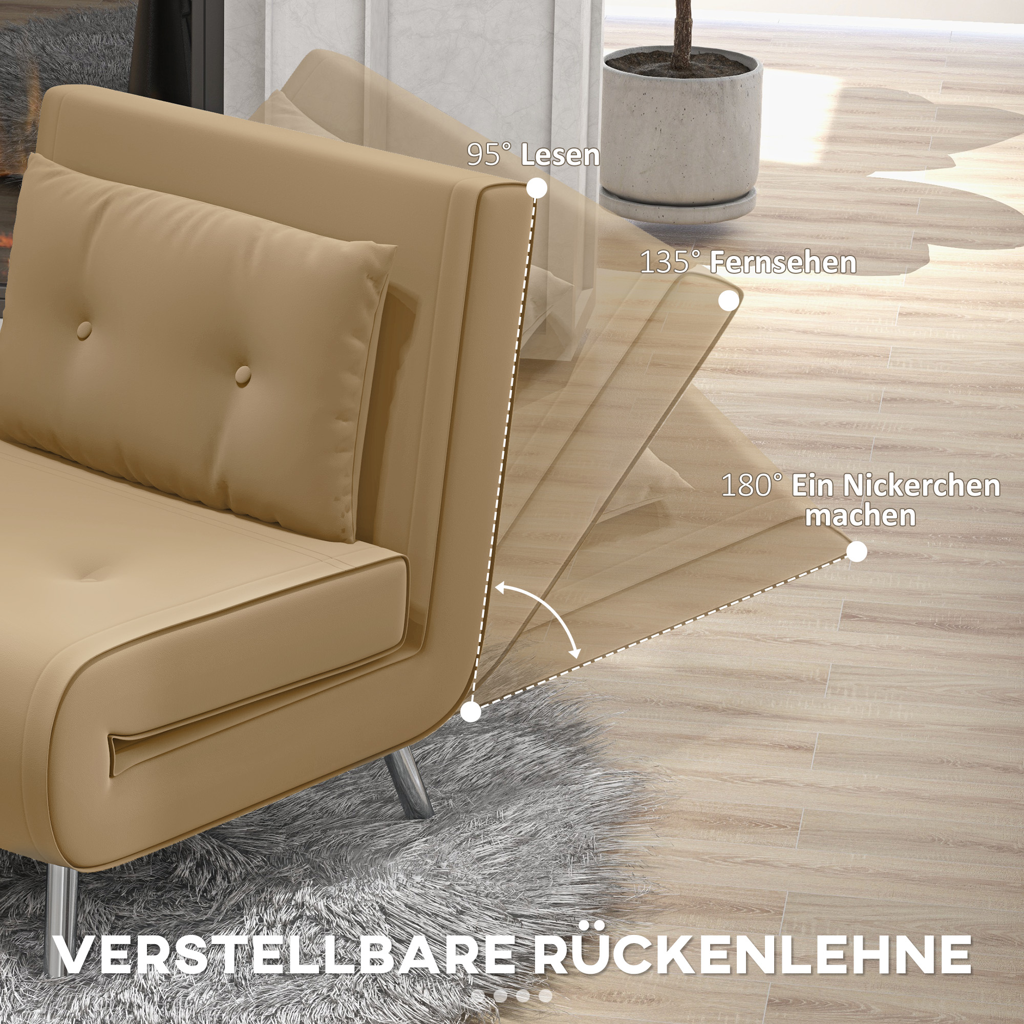 HOMCOM Ligstoel Stoel met Ligfunctie Slaapstoel, Knoopsgatensteek, Linnenlook, 77 cm x 88 cm x 83 cm, Bruin