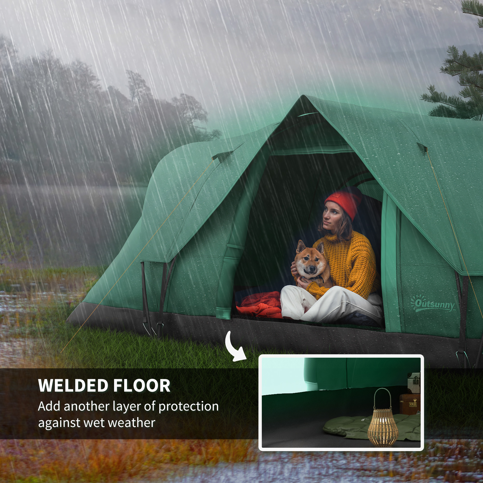 Outsunny Familietent voor 5-6 personen, met lampenhaak, zijvakken, 4,55x2,3x1,8m, Groen/Zwart