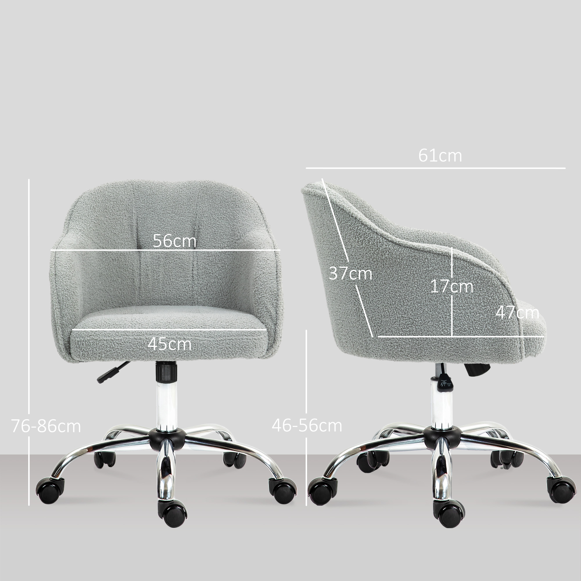 HOMCOM Thuiswerkstoel, Ergonomische Bureaustoel met Wippfunctie, Teddysamtoptiek 56 x 61 x 86 cm Grijs