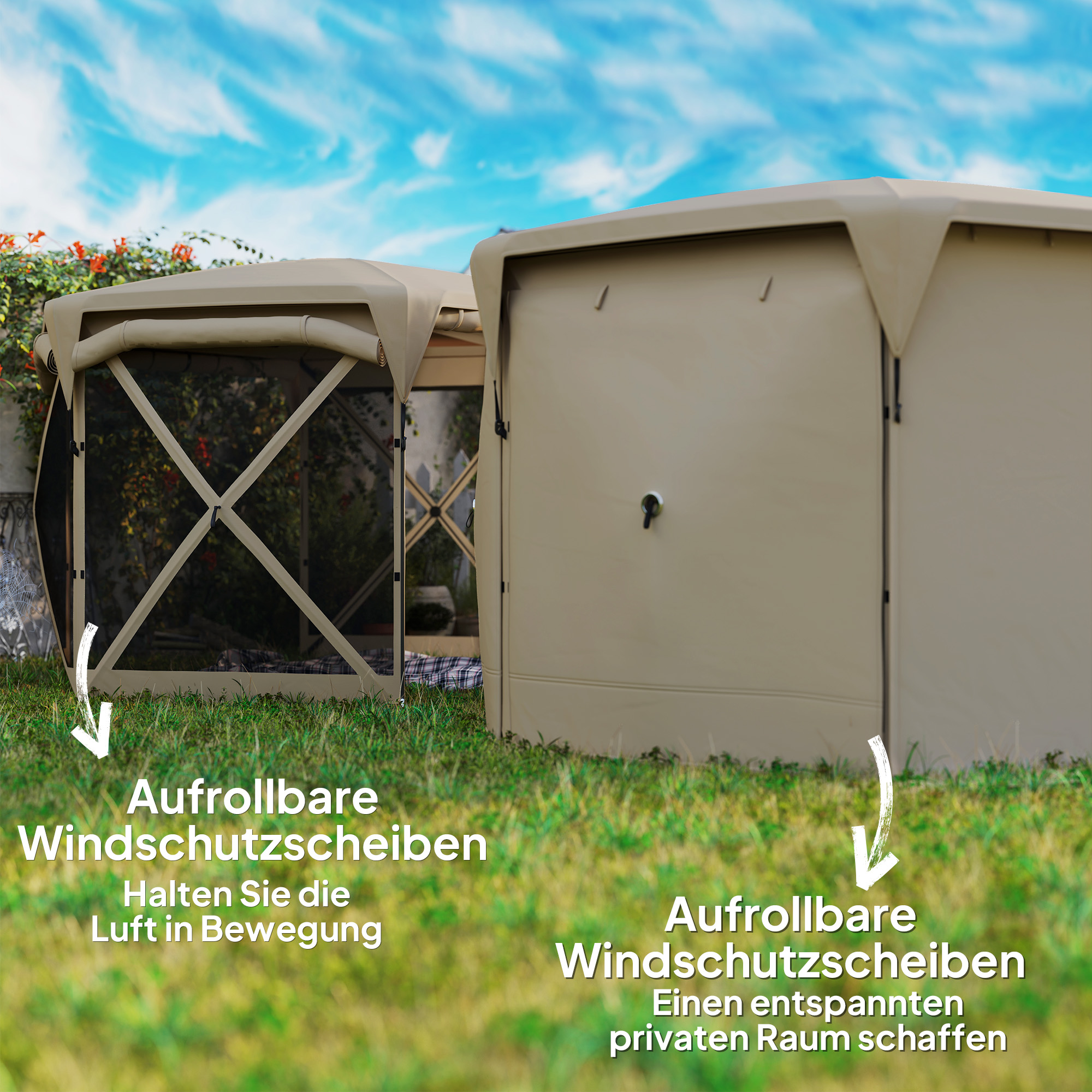 Outsunny 3 x 3,5 Pop-up Tuinpaviljoen met UPF30+ Bescherming, Netwanden, Draagtas, voor Tuinfeesten, Camping, Khaki