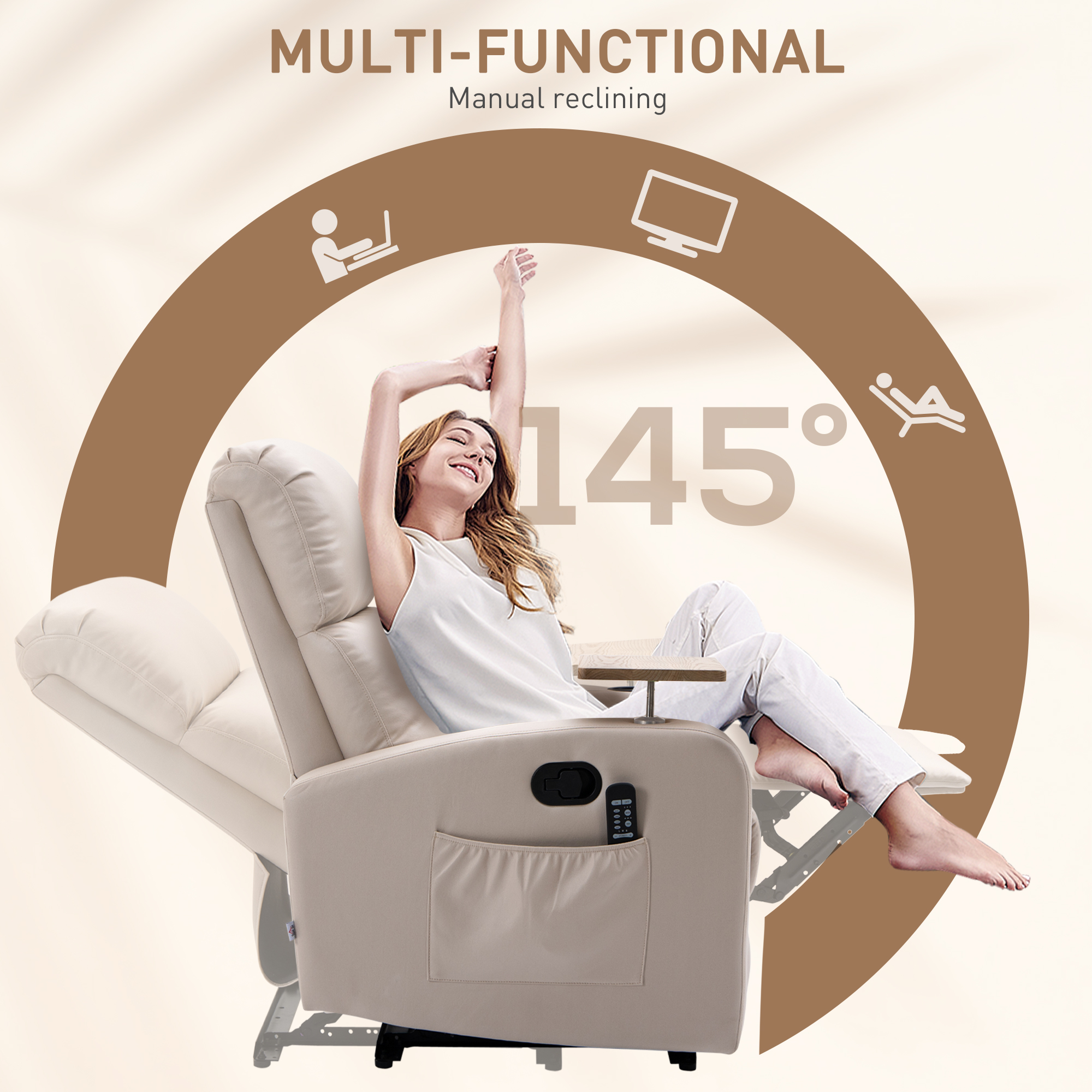 HOMCOM Massagestoel Relaxstoel Ligstoel, 1 Opklaptafel, 1 Voetensteun; 77 cm x 93 cm x 105 cm, Lichtgrijs