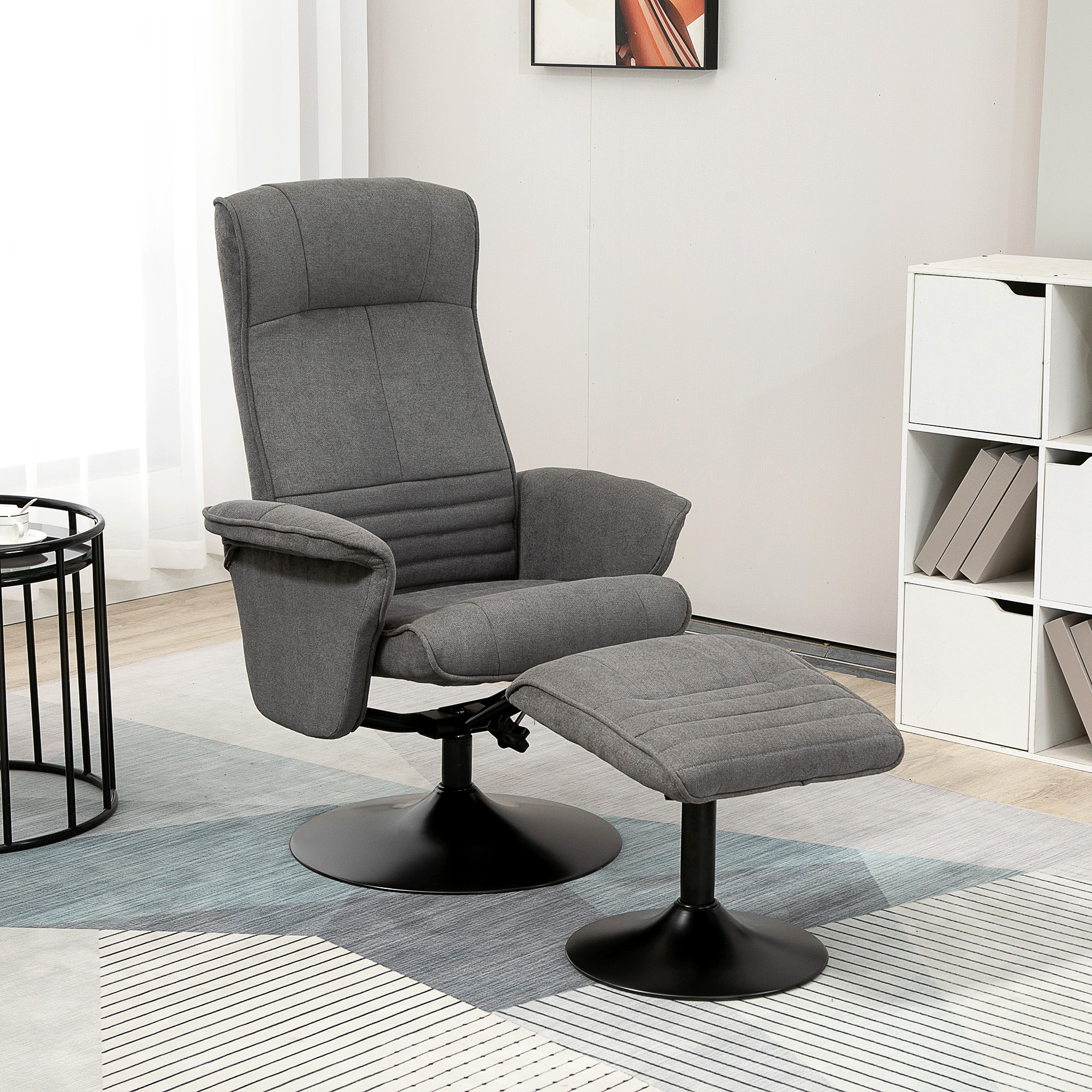 HOMCOM Relaxfauteuil met Voetenbankje, Verstelbare Rugleuning, 69 cm x 71 cm x 104 cm, Donkergrijs + Zwart