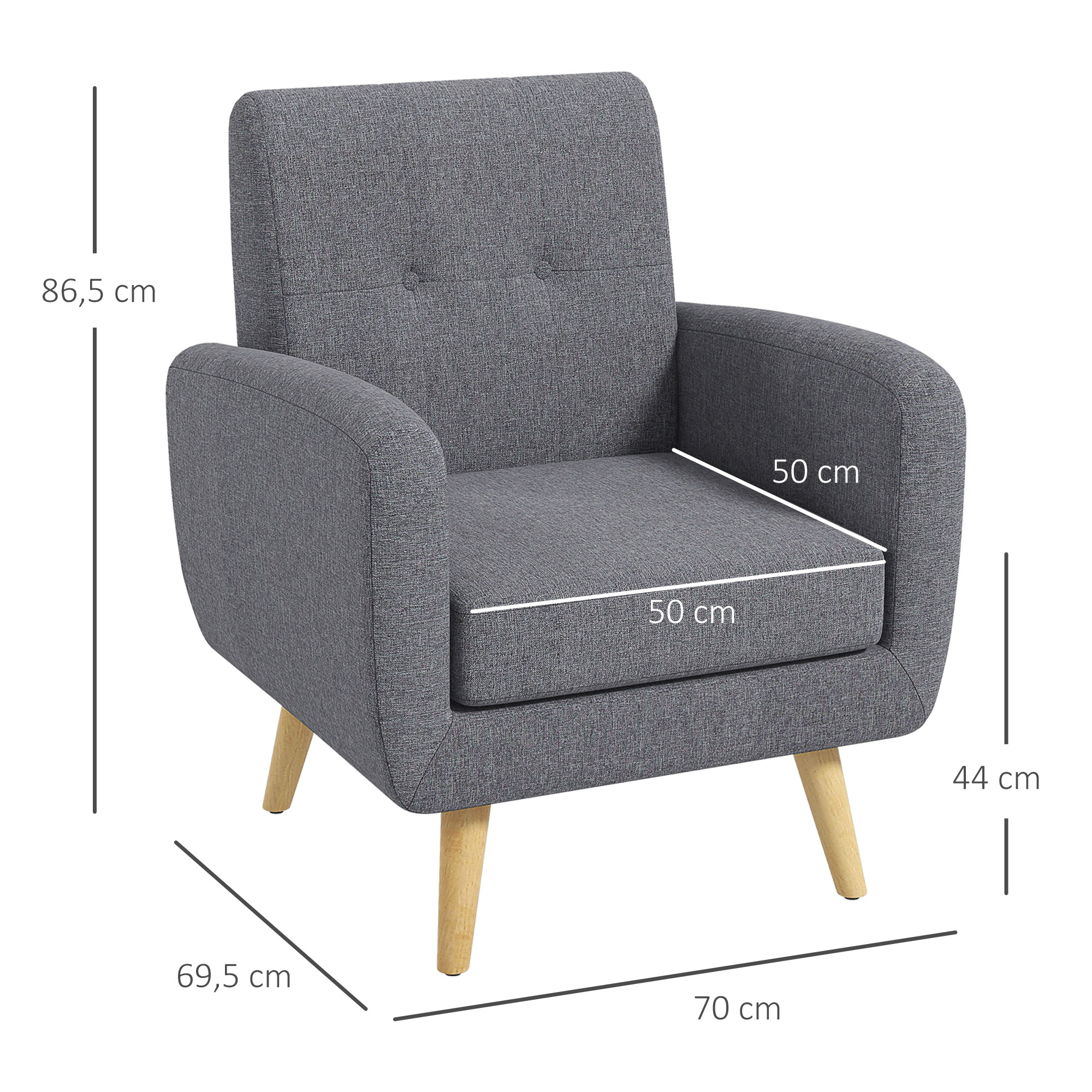HOMCOM Fauteuil in Scandinavisch design, accentfauteuil, knoopstiksel, natuur + lichtgrijs